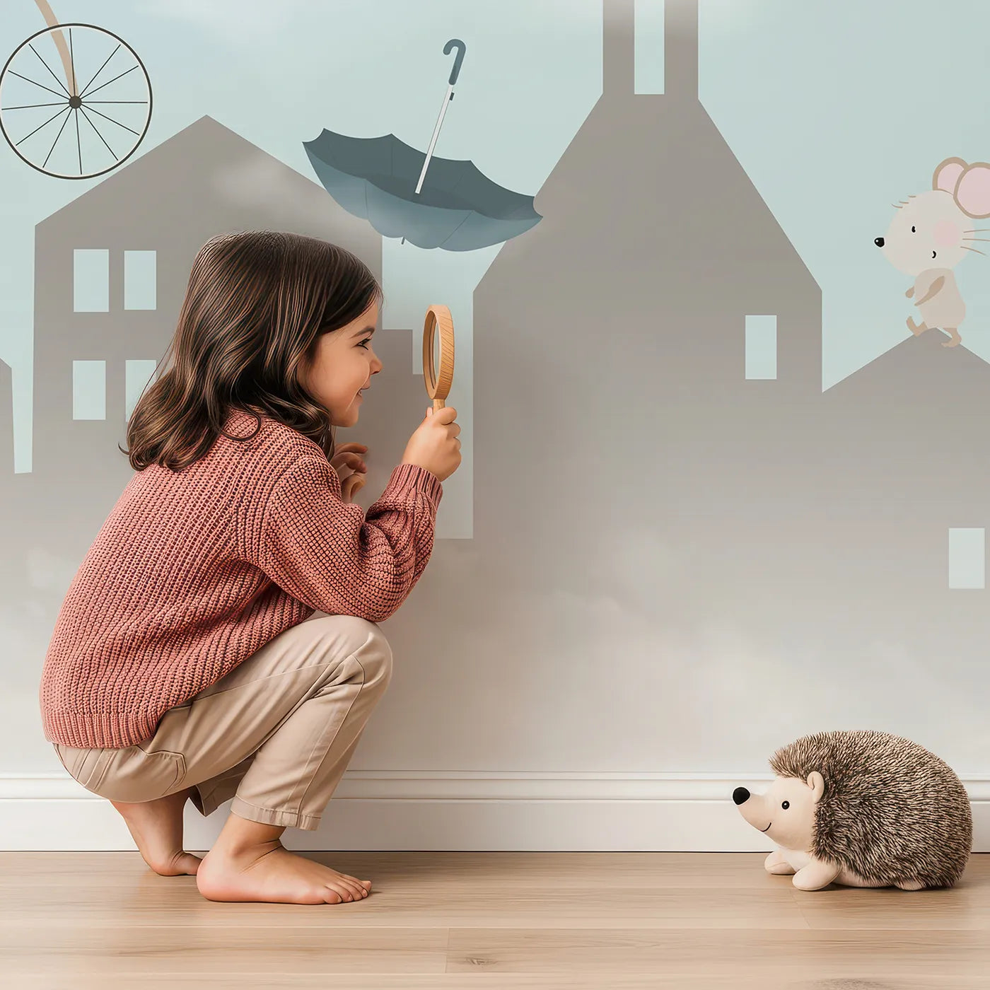 Child in front of Whimsy Tots Animal Parade Wall Mural with animal, cute, parade, city, cloud, fox, bear, bicycle in design.
