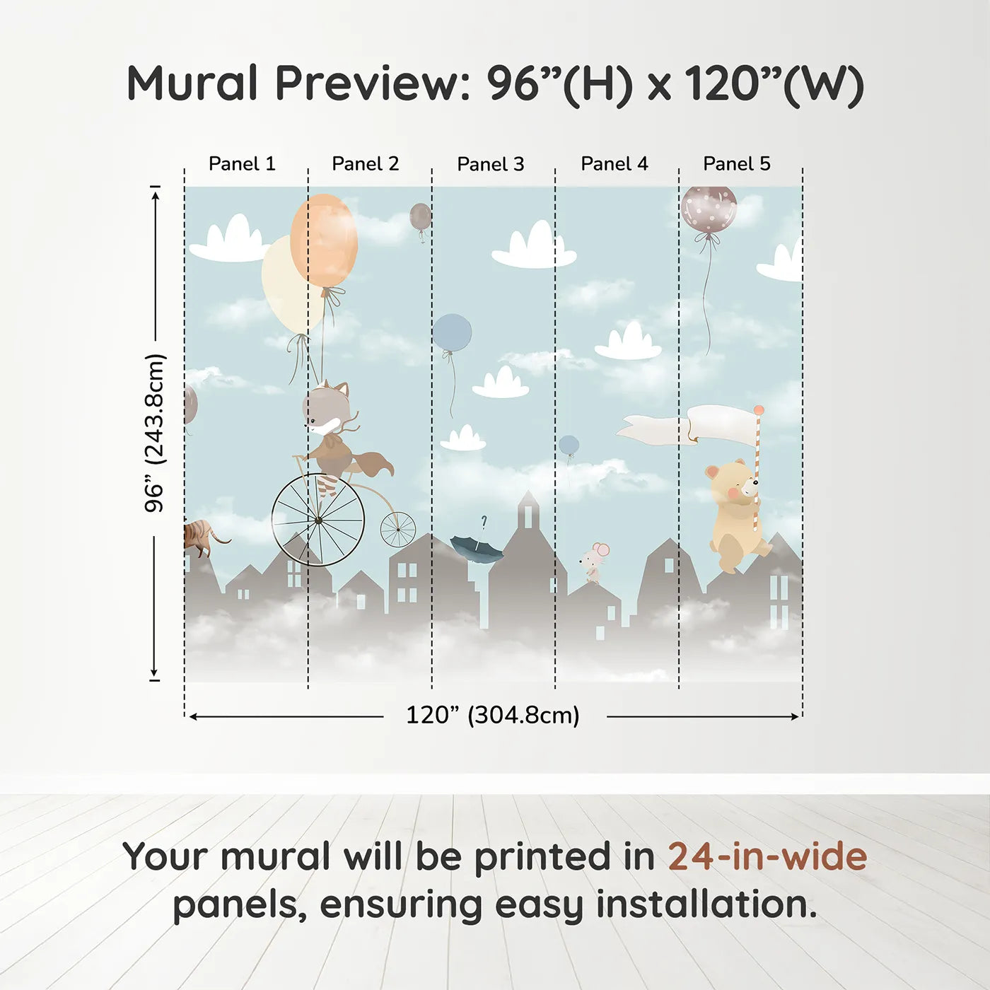 Whimsy Tots Animal Parade Wall Muraldimension view (96" H x 120" W). Printed in five 24-inch-wide panels. Gender-Neutral