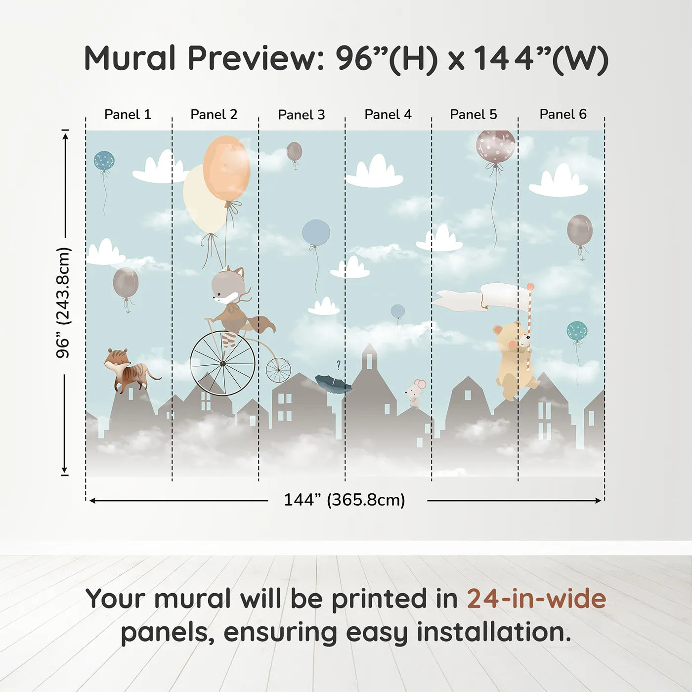 Whimsy Tots Animal Parade Wall Muraldimension view (96" H x 144" W). Printed in six 24-inch-wide panels. Gender-Neutral