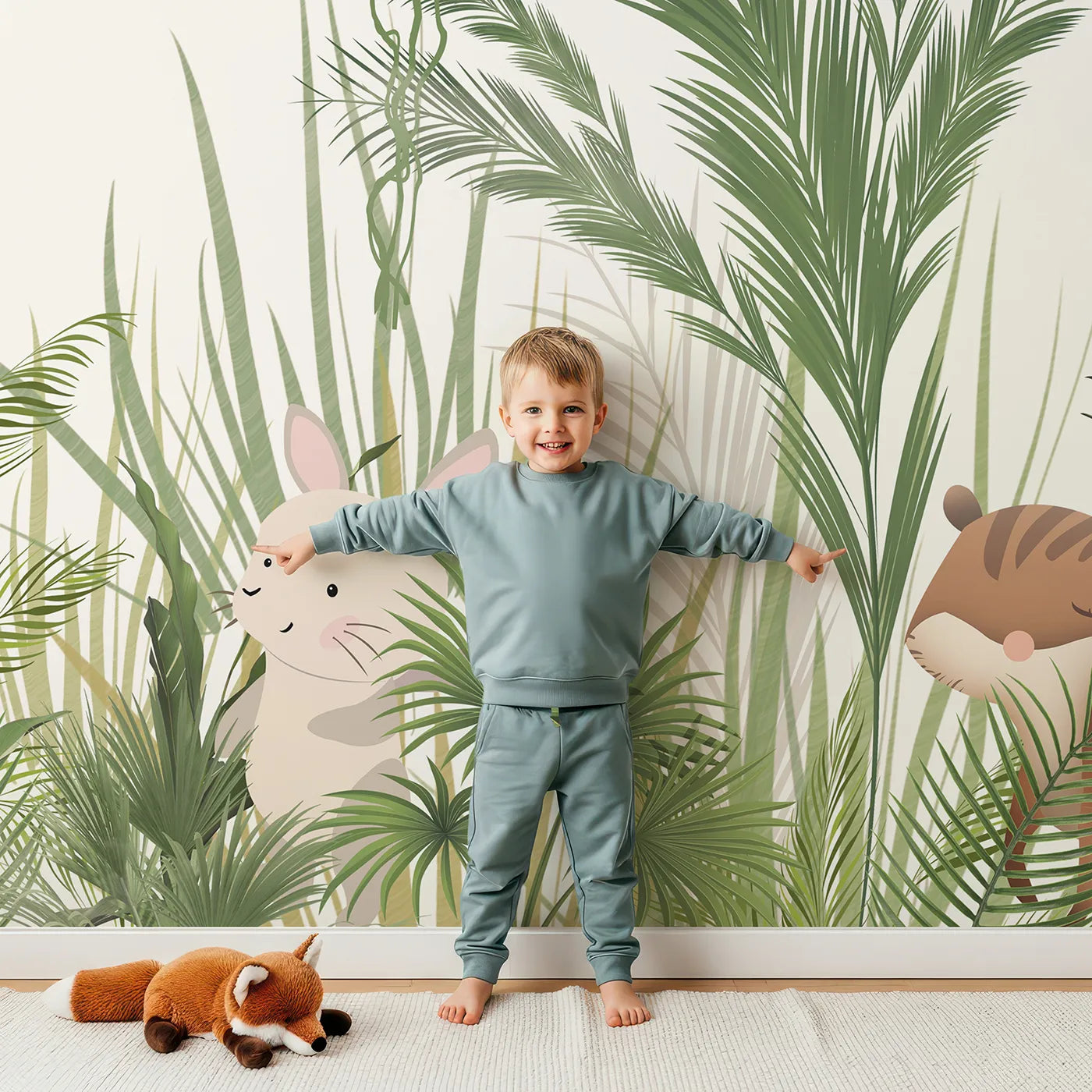 Child in front of Whimsy Tots Jungle Hide and Seek Wall Mural with safari, jungle, animal, cute, leaf, green, hide and seek, gentle in design.