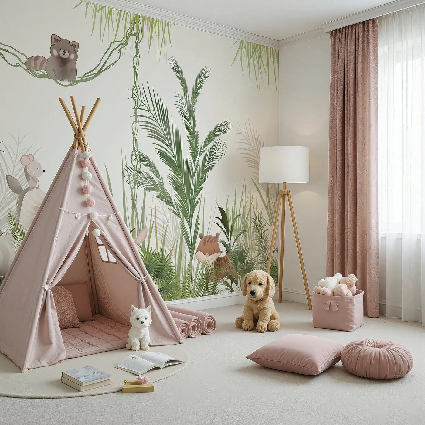 Angled view of Whimsy Tots' Jungle Hide and Seek Wall Mural (Turn Their Room into a Gentle, Leafy Game of Hide-and-Seek).Gender-Neutral
