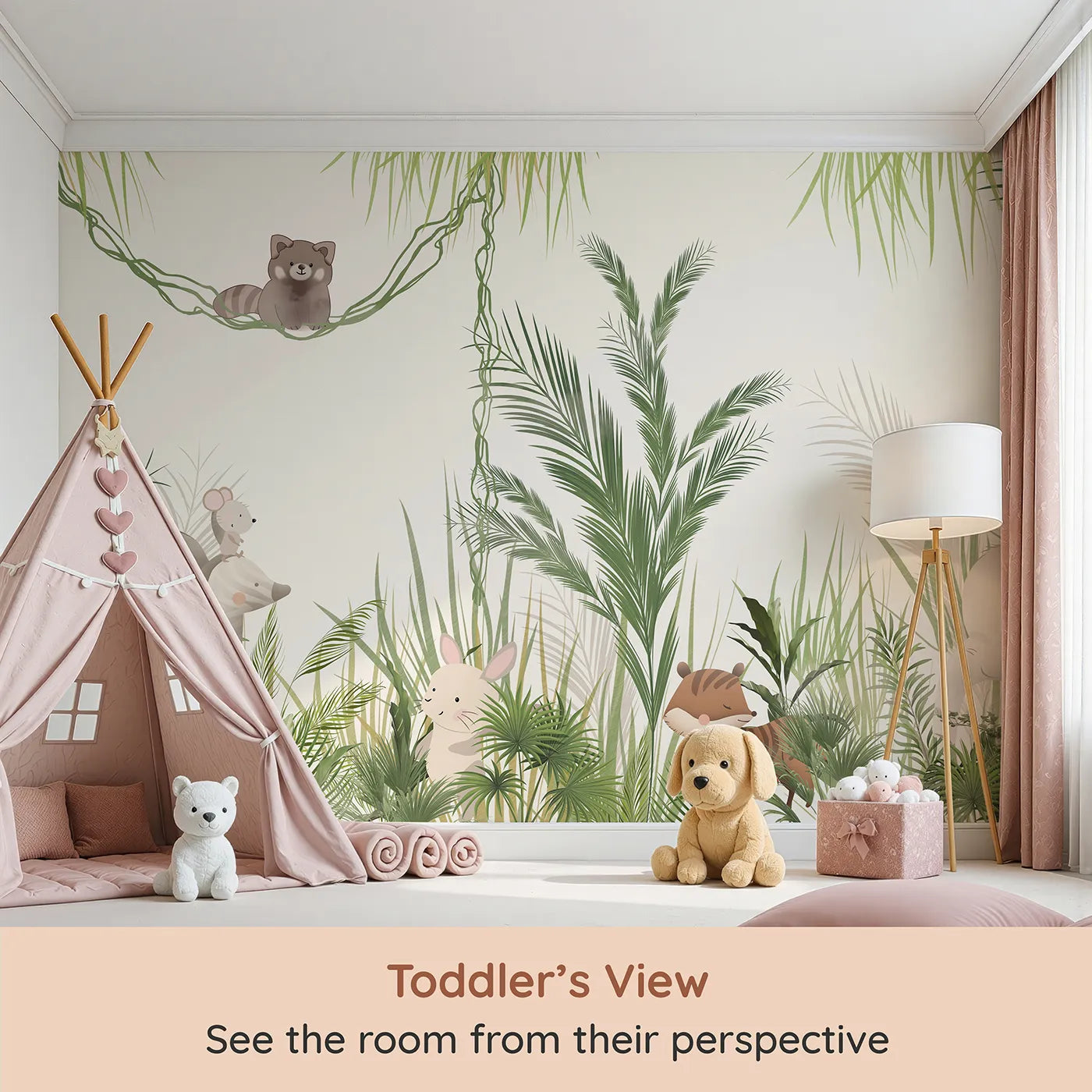 Whimsy Tots Jungle Hide and Seek Wall Mural (Turn Their Room into a Gentle, Leafy Game of Hide-and-Seek) from your child's view.Gender-Neutral