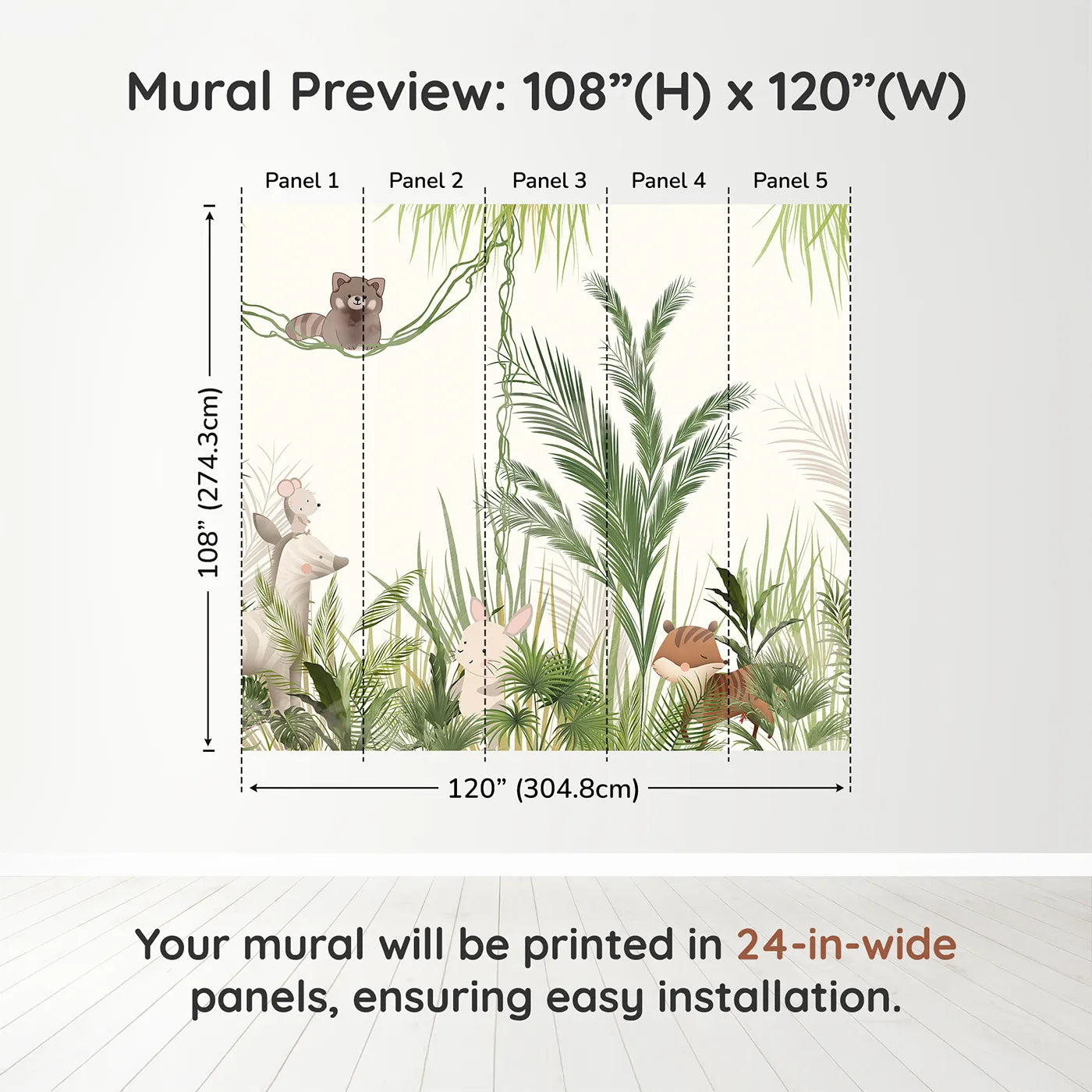 Whimsy Tots Jungle Hide and Seek Wall Muraldimension view (108" H x 120" W). Printed in five 24-inch-wide panels. Gender-Neutral