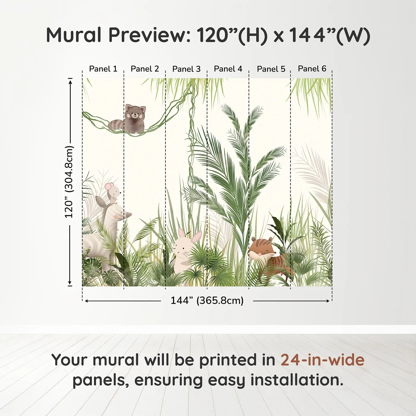 Whimsy Tots Jungle Hide and Seek Wall Muraldimension view (120" H x 144" W). Printed in six 24-inch-wide panels. Gender-Neutral