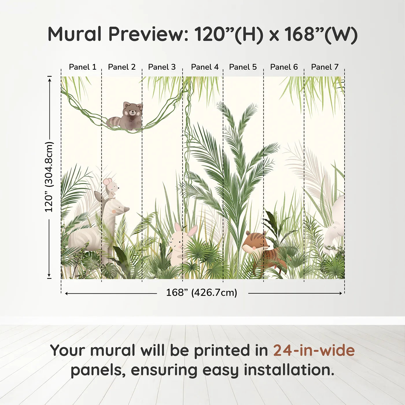 Whimsy Tots Jungle Hide and Seek Wall Muraldimension view (120" H x 168" W). Printed in seven 24-inch-wide panels. Gender-Neutral
