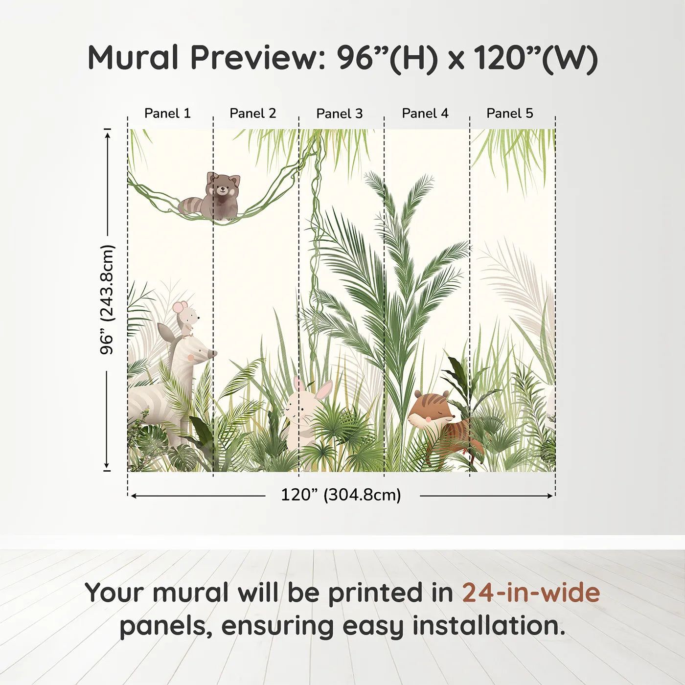 Whimsy Tots Jungle Hide and Seek Wall Muraldimension view (96" H x 120" W). Printed in five 24-inch-wide panels. Gender-Neutral