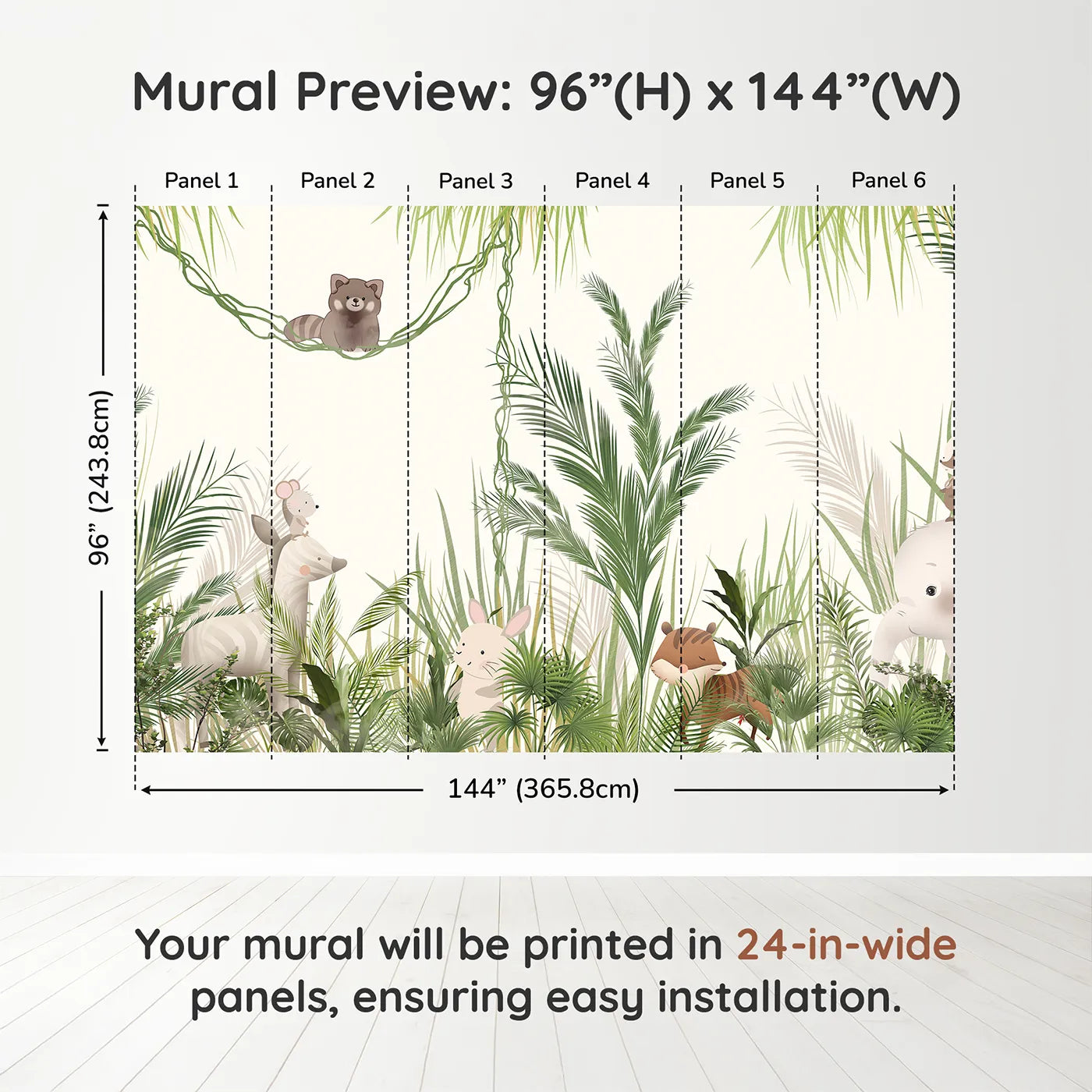 Whimsy Tots Jungle Hide and Seek Wall Muraldimension view (96" H x 144" W). Printed in six 24-inch-wide panels. Gender-Neutral