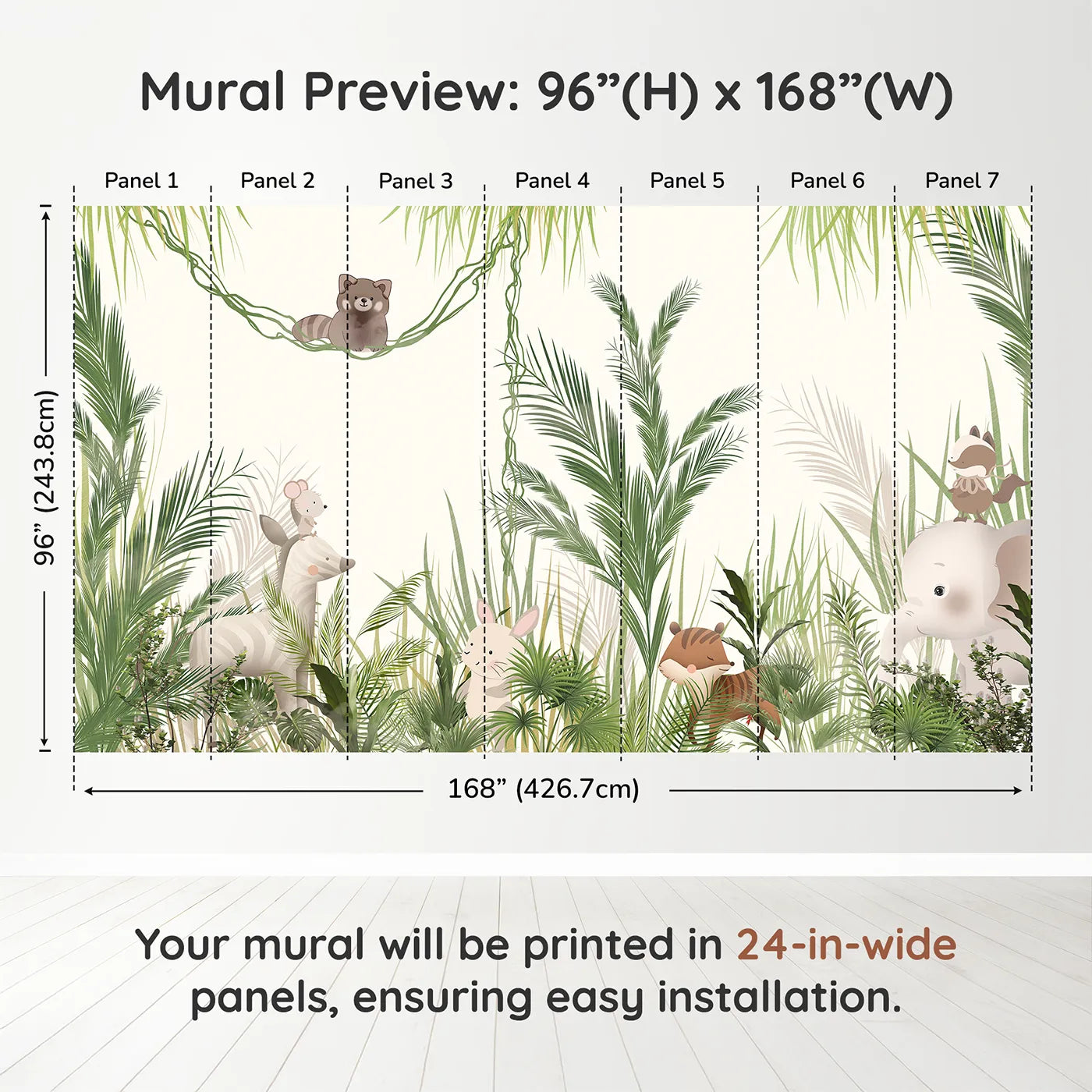 Whimsy Tots Jungle Hide and Seek Wall Muraldimension view (96" H x 168" W). Printed in seven 24-inch-wide panels. Gender-Neutral