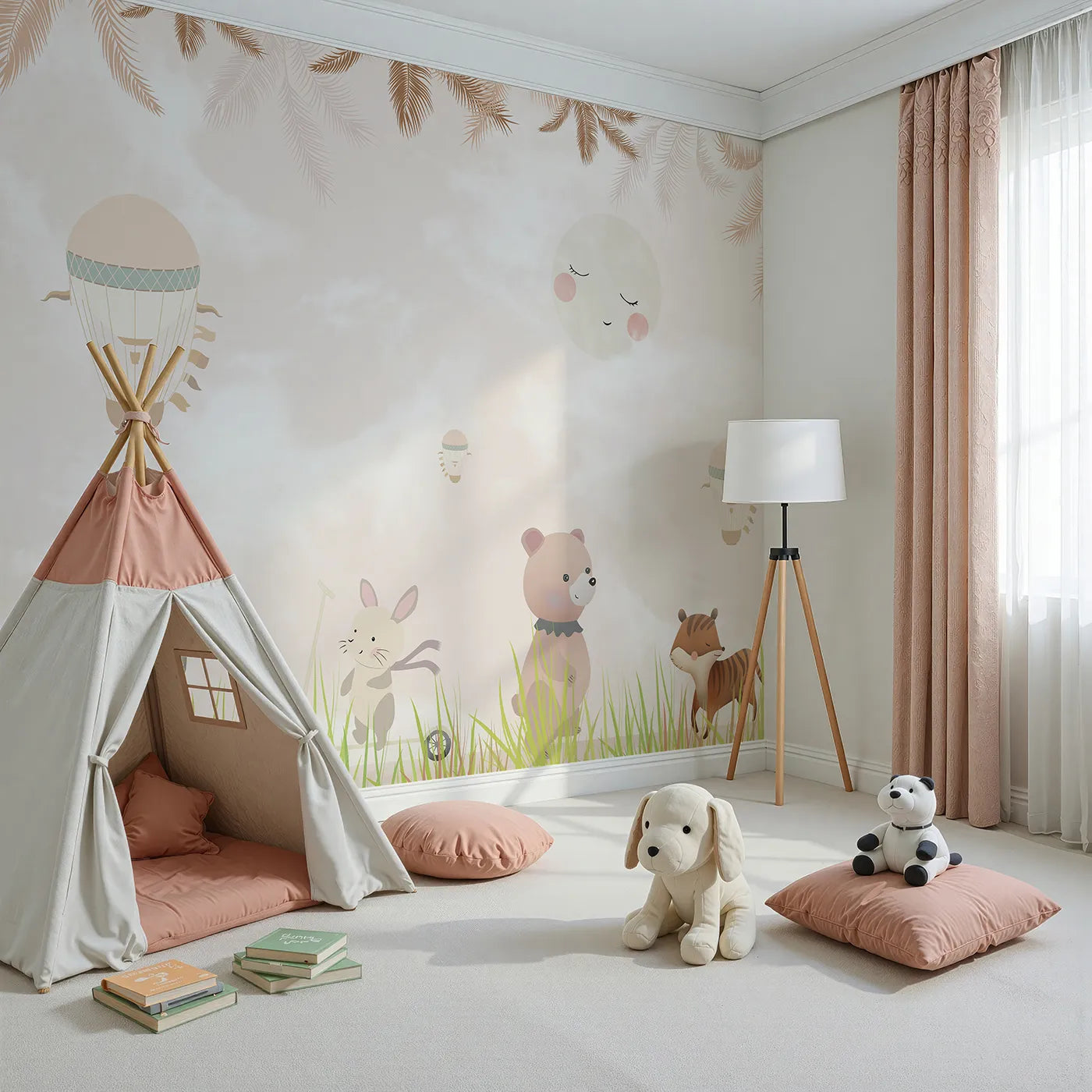 Angled view of Whimsy Tots' Safari Moon Wall Mural (Turn Their Room into a Gentle, Starry Dreamland).Gender-Neutral