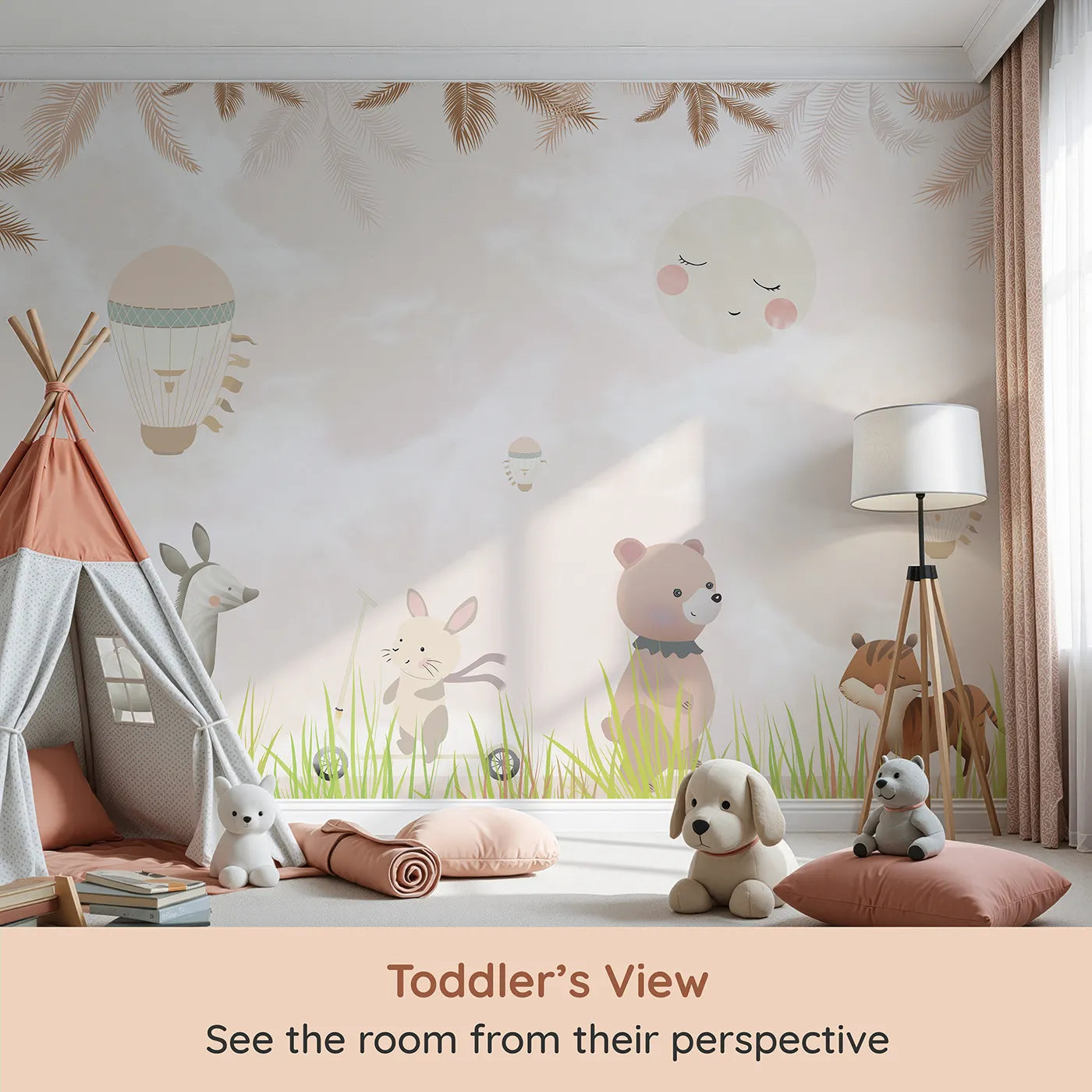 Whimsy Tots Safari Moon Wall Mural (Turn Their Room into a Gentle, Starry Dreamland) from your child's view.Gender-Neutral