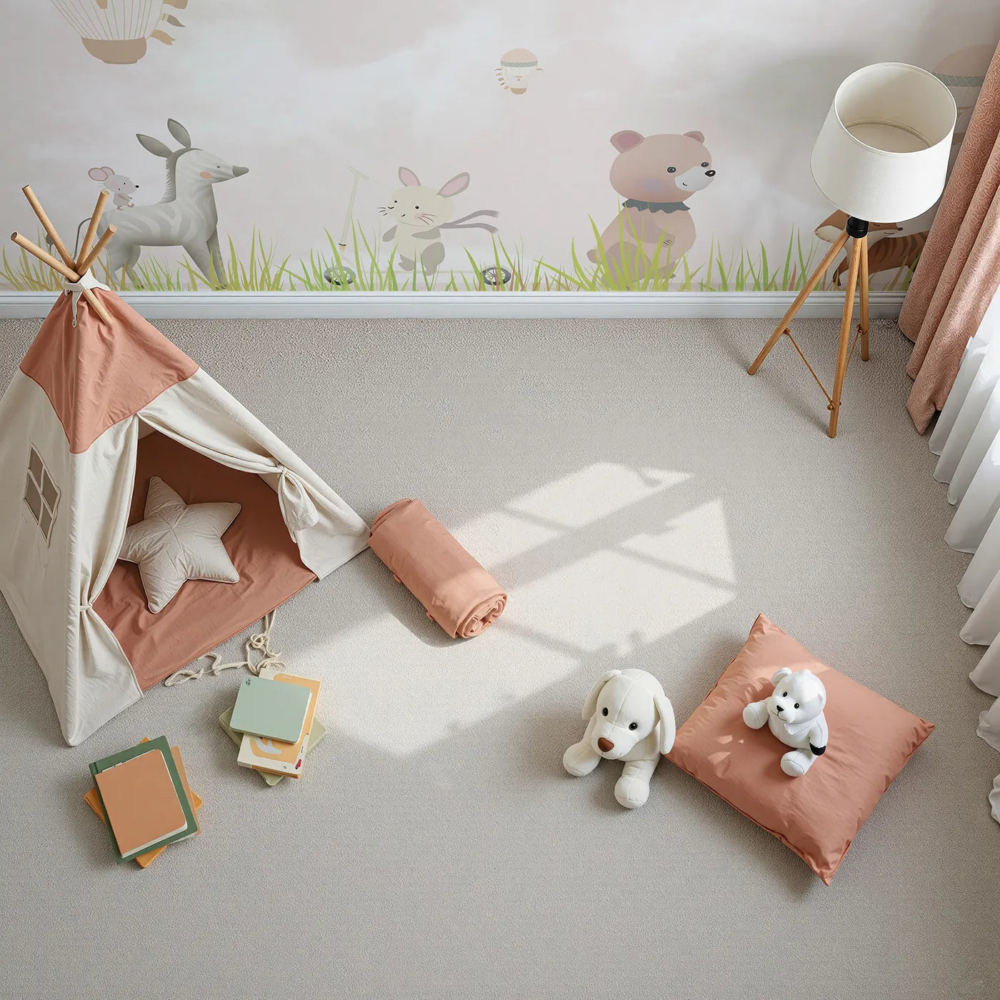 Top-down view of Whimsy Tots' Safari Moon Wall Mural (Turn Their Room into a Gentle, Starry Dreamland).Gender-Neutral