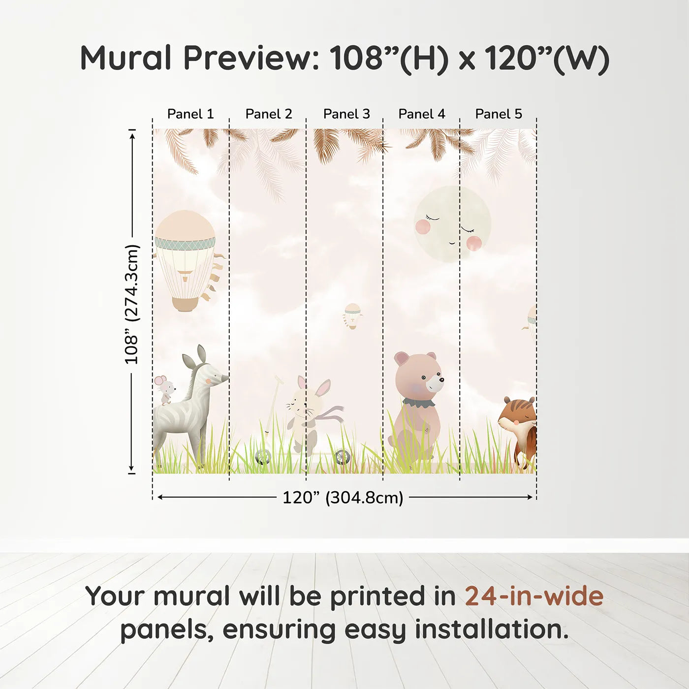 Whimsy Tots Safari Moon Wall Muraldimension view (108" H x 120" W). Printed in five 24-inch-wide panels. Gender-Neutral