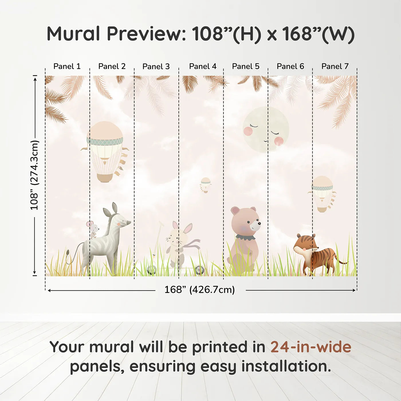 Whimsy Tots Safari Moon Wall Muraldimension view (108" H x 168" W). Printed in seven 24-inch-wide panels. Gender-Neutral