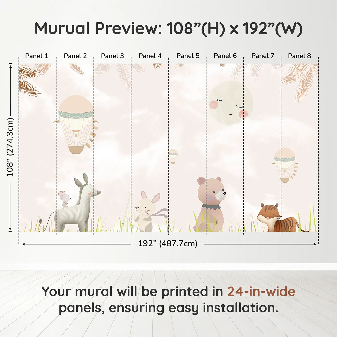Whimsy Tots Safari Moon Wall Muraldimension view (108" H x 192" W). Printed in eight 24-inch-wide panels. Gender-Neutral