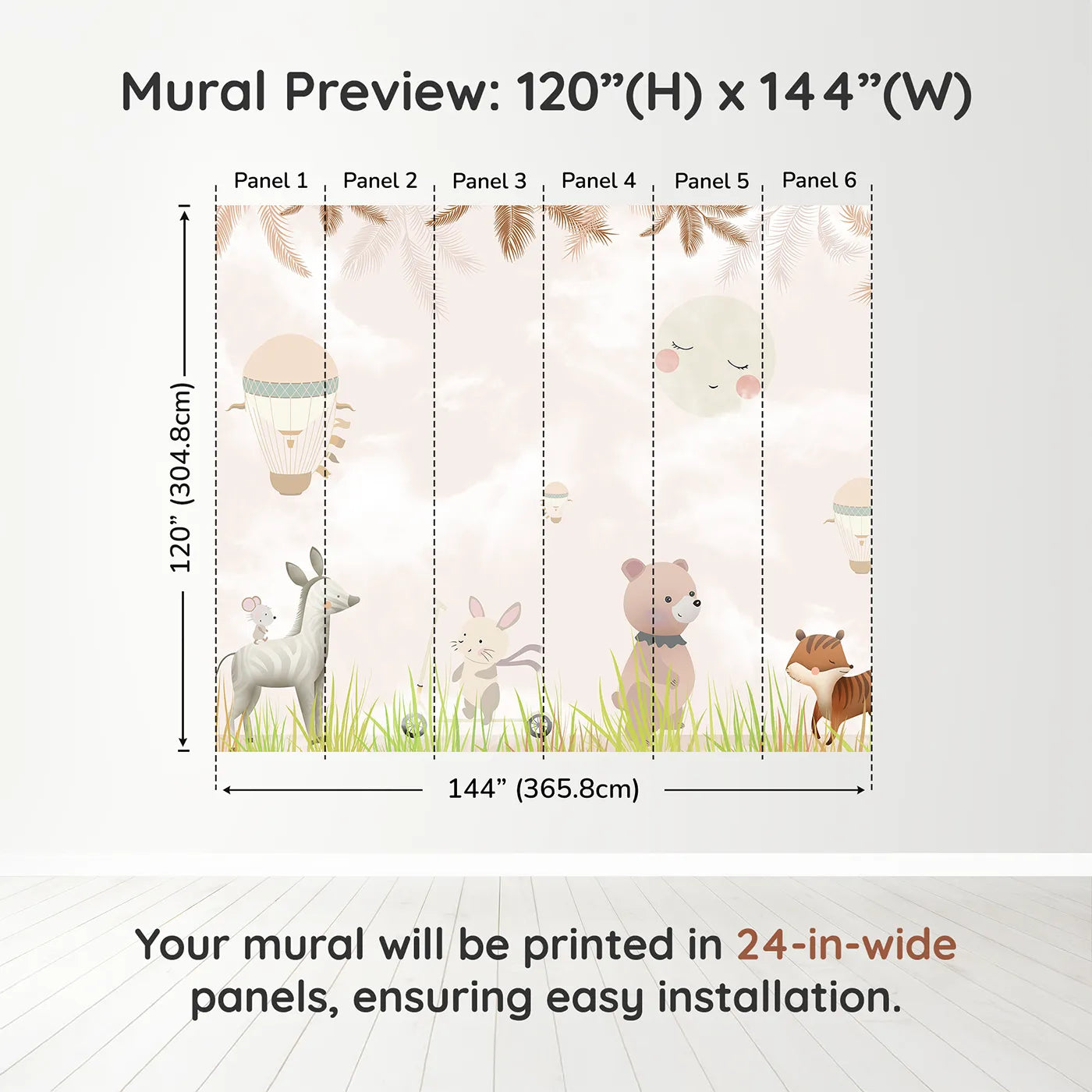 Whimsy Tots Safari Moon Wall Muraldimension view (120" H x 144" W). Printed in six 24-inch-wide panels. Gender-Neutral