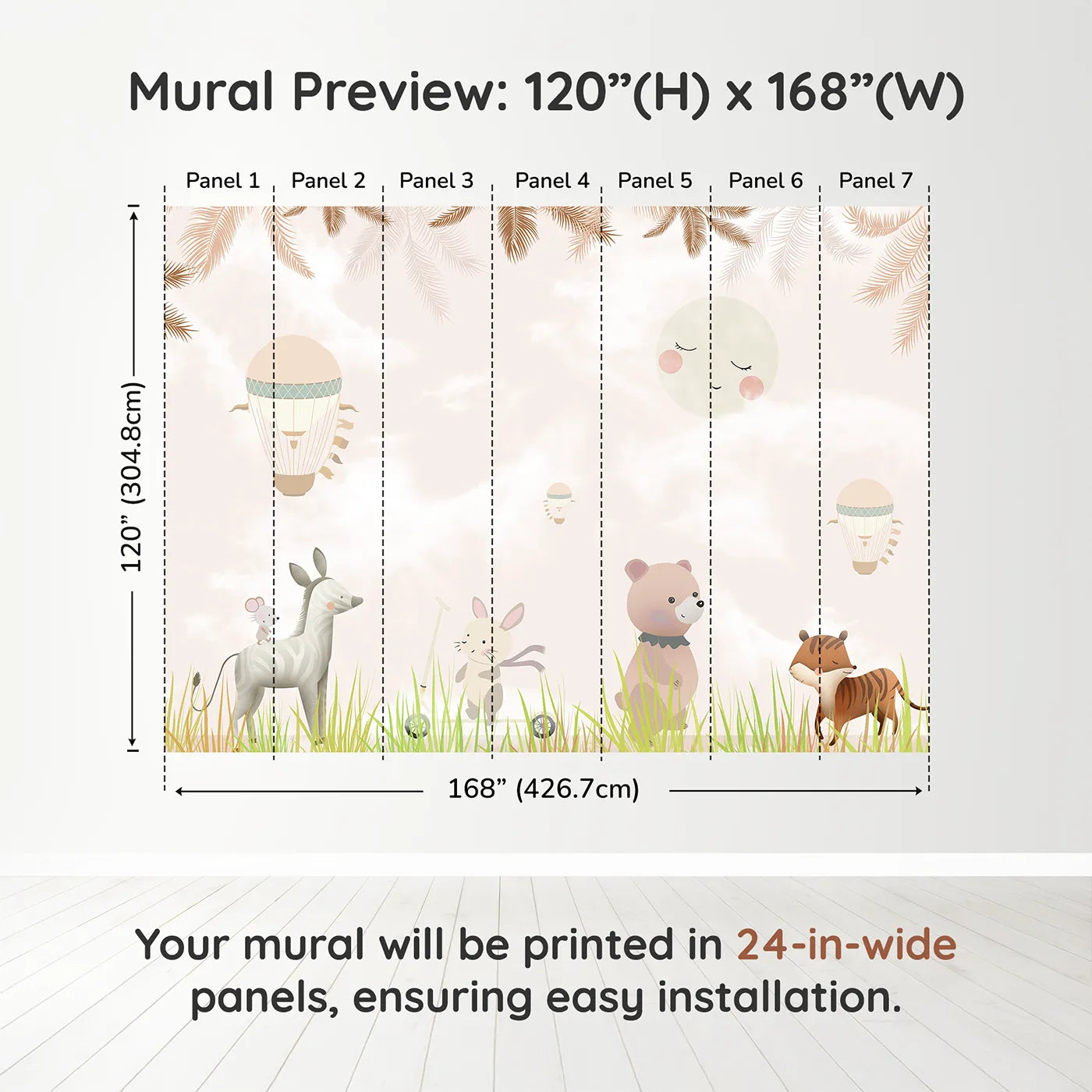 Whimsy Tots Safari Moon Wall Muraldimension view (120" H x 168" W). Printed in seven 24-inch-wide panels. Gender-Neutral