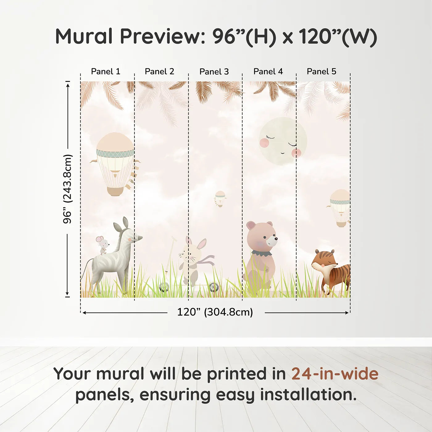 Whimsy Tots Safari Moon Wall Muraldimension view (96" H x 120" W). Printed in five 24-inch-wide panels. Gender-Neutral