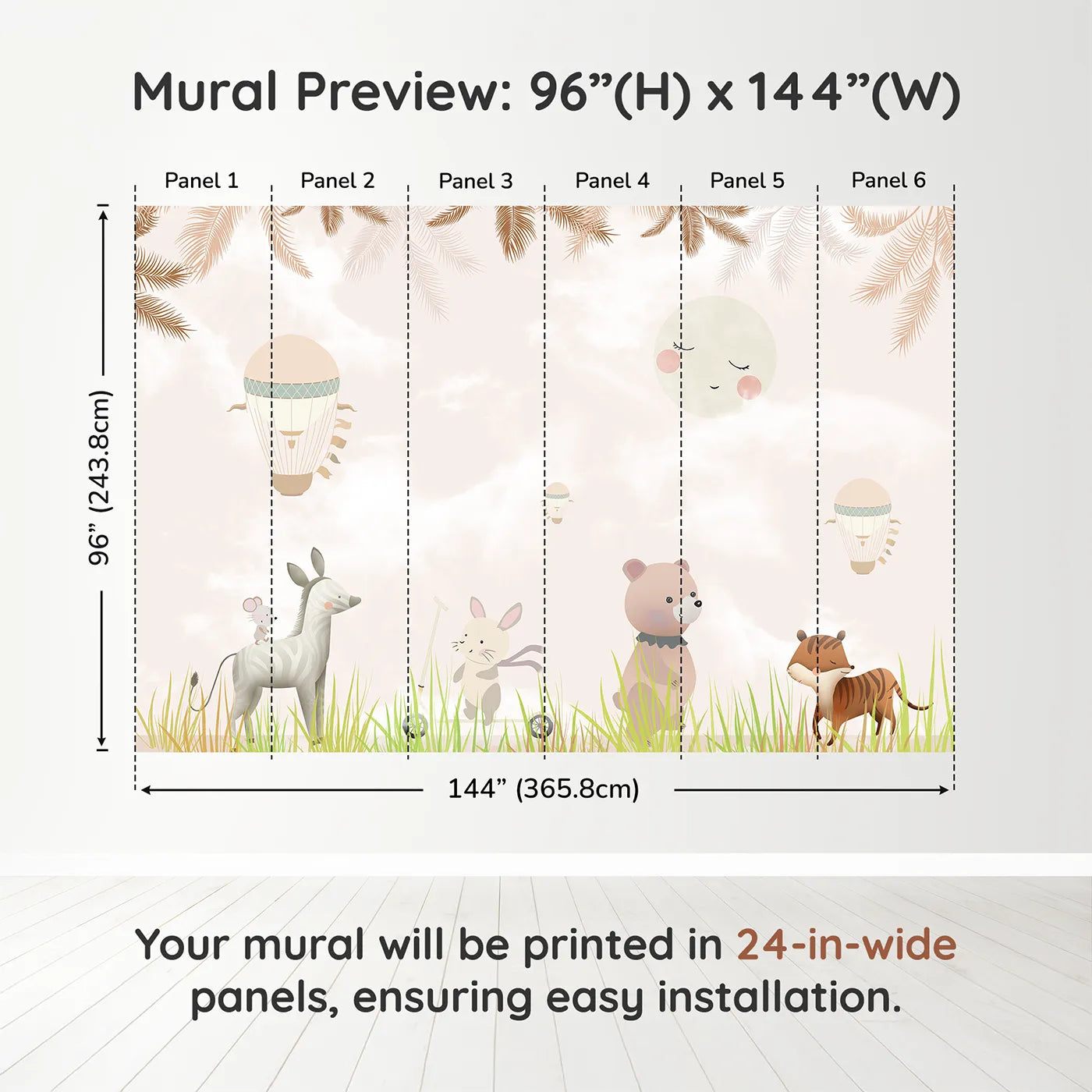 Whimsy Tots Safari Moon Wall Muraldimension view (96" H x 144" W). Printed in six 24-inch-wide panels. Gender-Neutral