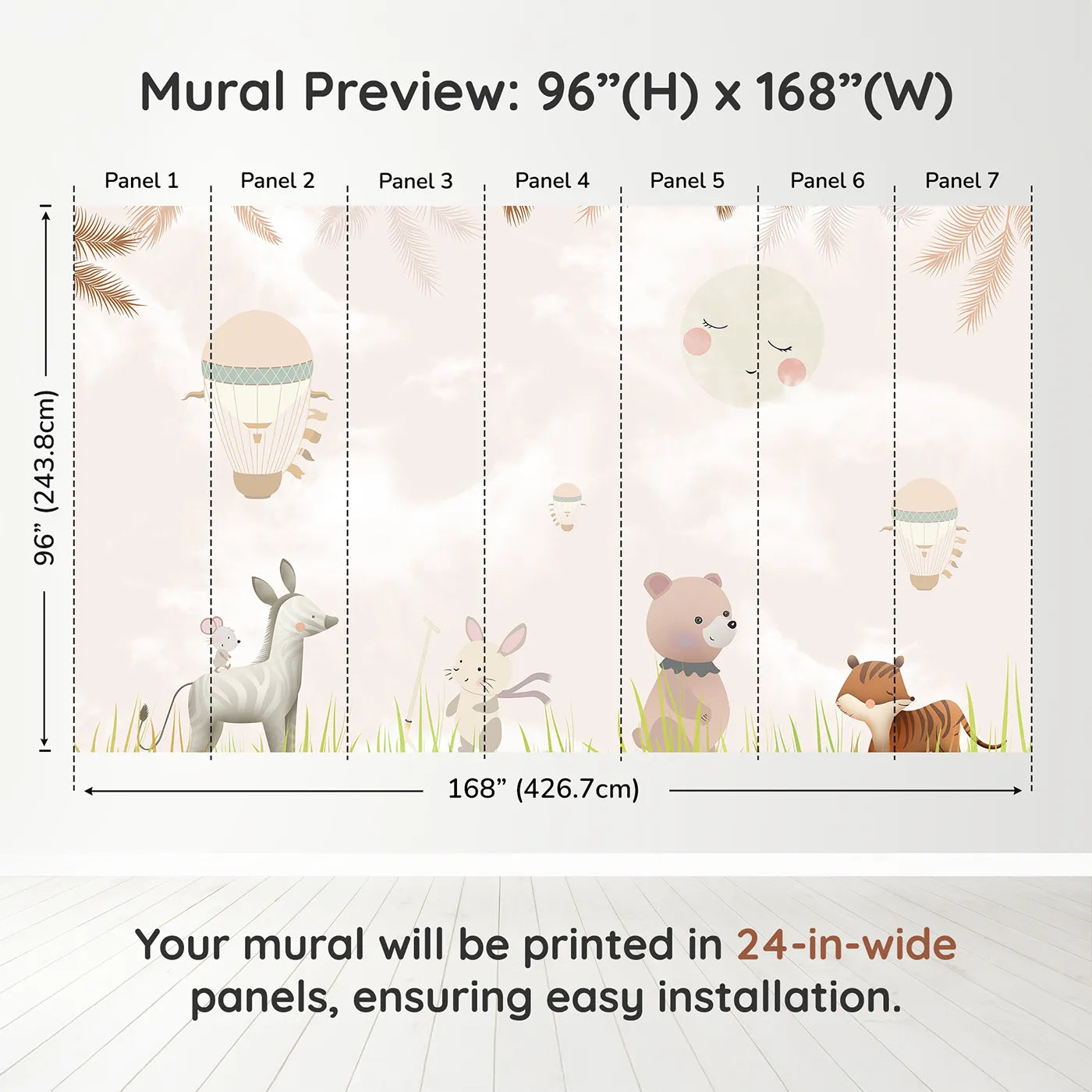 Whimsy Tots Safari Moon Wall Muraldimension view (96" H x 168" W). Printed in seven 24-inch-wide panels. Gender-Neutral