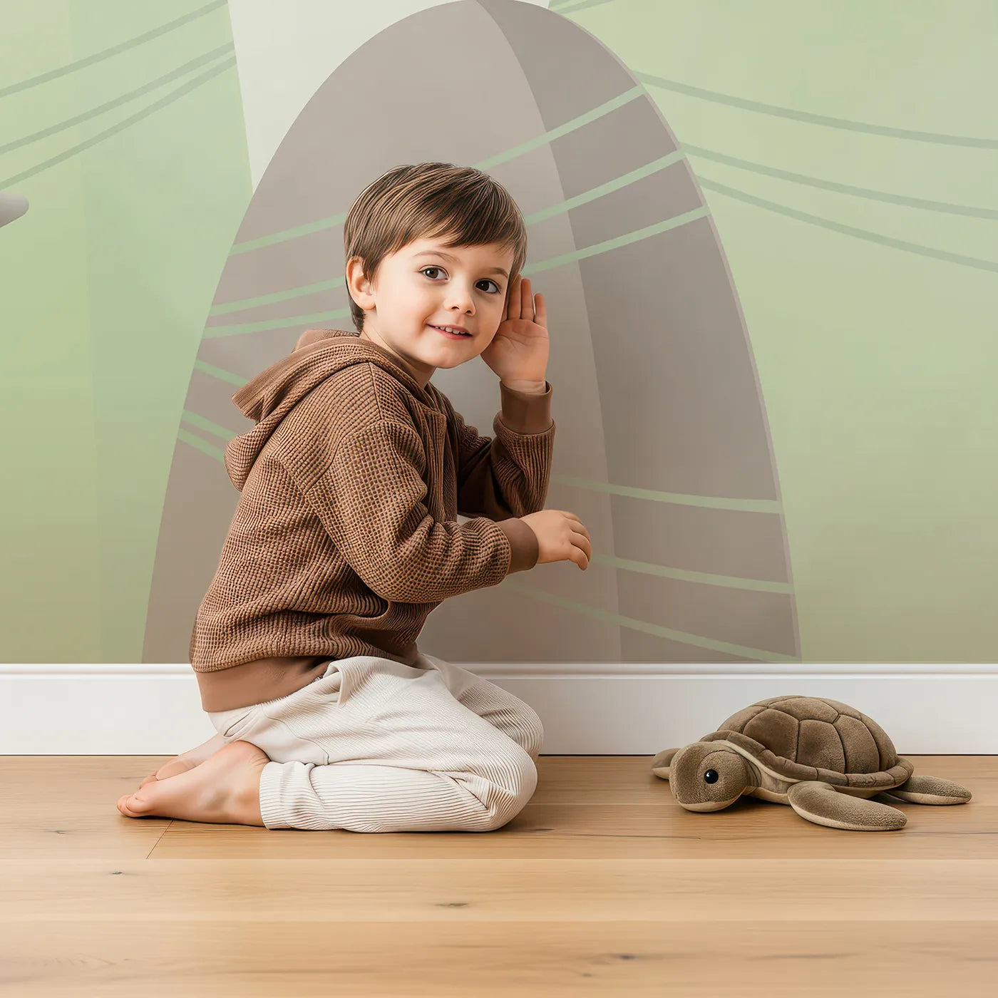 Child in front of Whimsy Tots Mountain Adventure Club Wall Mural with animal, mountain, cute, safari, woodland, bicycle, cloud, green in design.