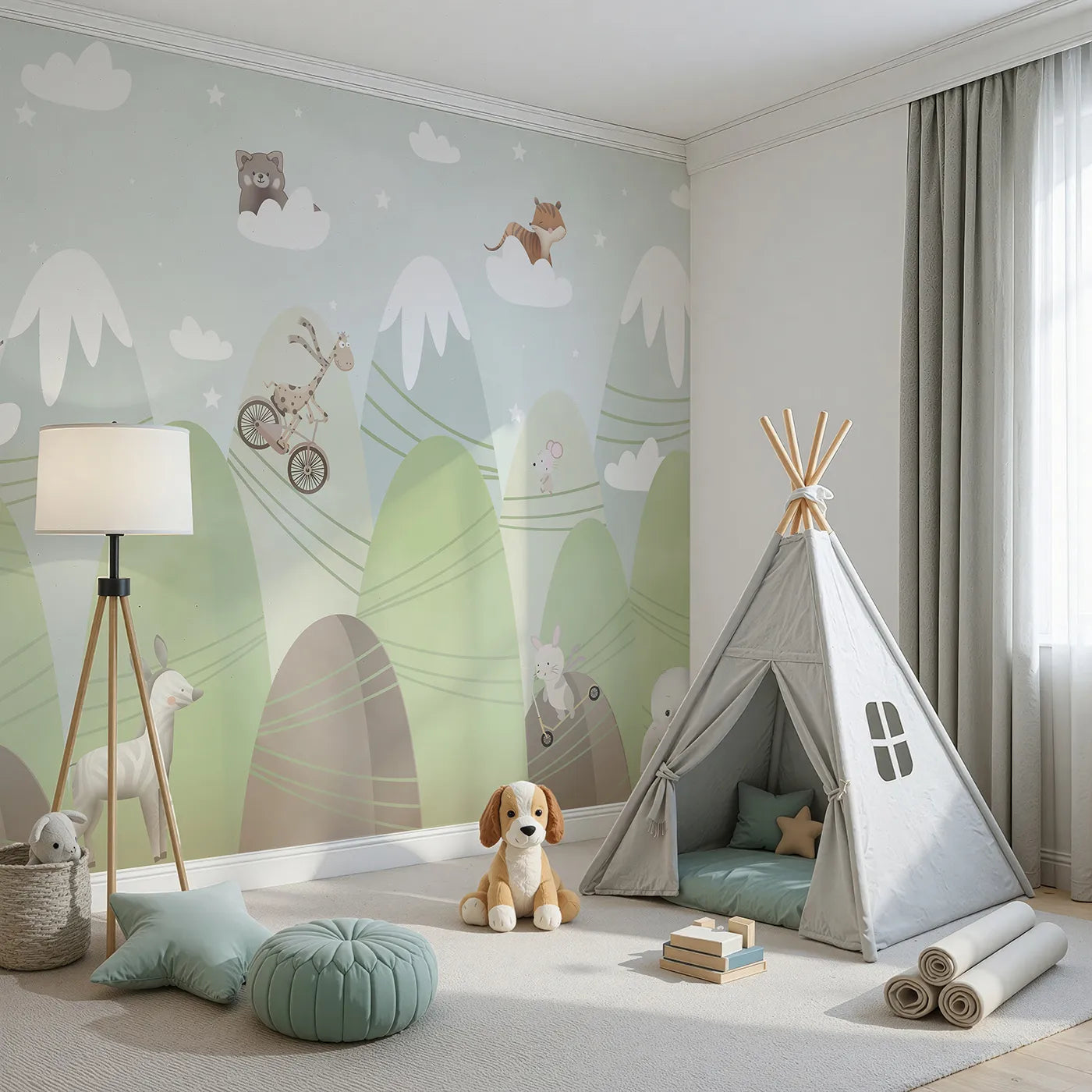 Angled view of Whimsy Tots' Mountain Adventure Club Wall Mural (Turn Their Room into a Whimsical, High-Flying Playground).Gender-Neutral