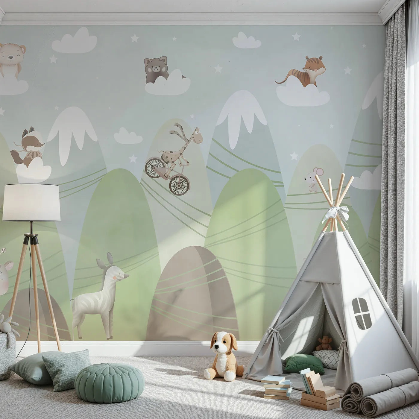 Front view of Whimsy Tots' Mountain Adventure Club Wall Mural