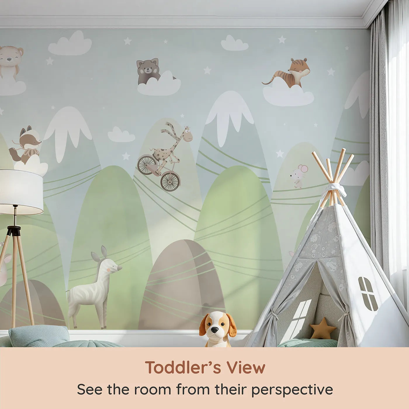 Whimsy Tots Mountain Adventure Club Wall Mural (Turn Their Room into a Whimsical, High-Flying Playground) from your child's view.Gender-Neutral