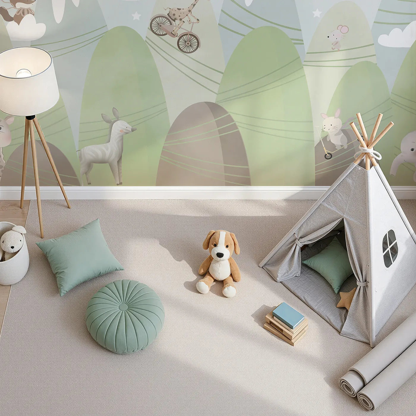 Top-down view of Whimsy Tots' Mountain Adventure Club Wall Mural (Turn Their Room into a Whimsical, High-Flying Playground).Gender-Neutral