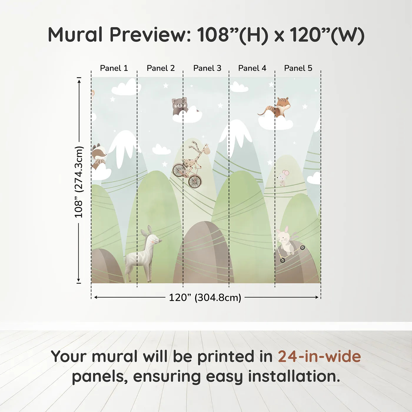 Whimsy Tots Mountain Adventure Club Wall Muraldimension view (108" H x 120" W). Printed in five 24-inch-wide panels. Gender-Neutral