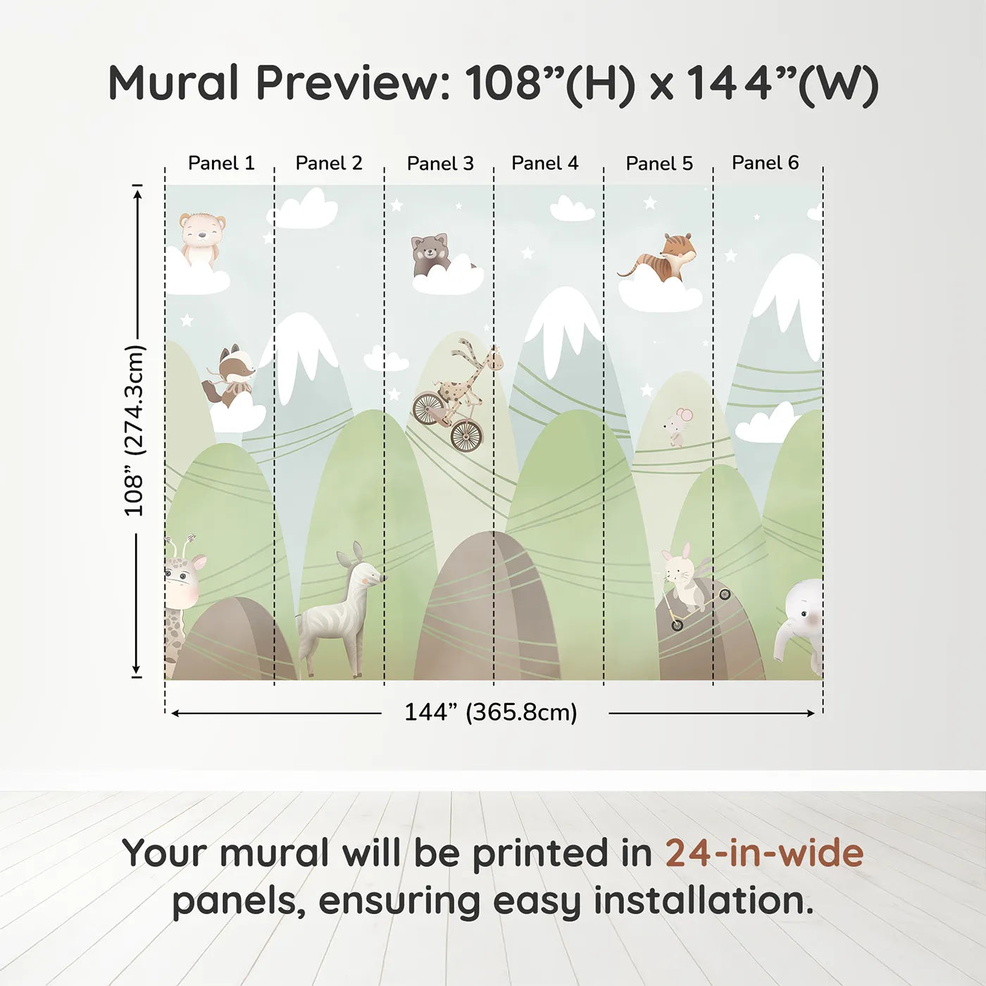 Whimsy Tots Mountain Adventure Club Wall Muraldimension view (108" H x 144" W). Printed in six 24-inch-wide panels. Gender-Neutral