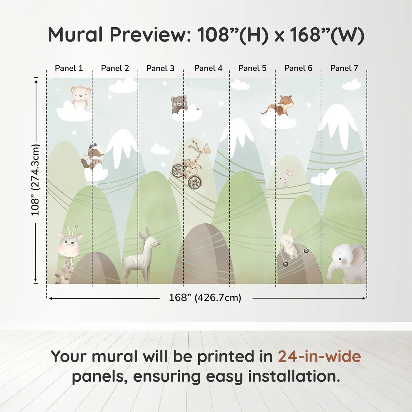 Whimsy Tots Mountain Adventure Club Wall Muraldimension view (108" H x 168" W). Printed in seven 24-inch-wide panels. Gender-Neutral