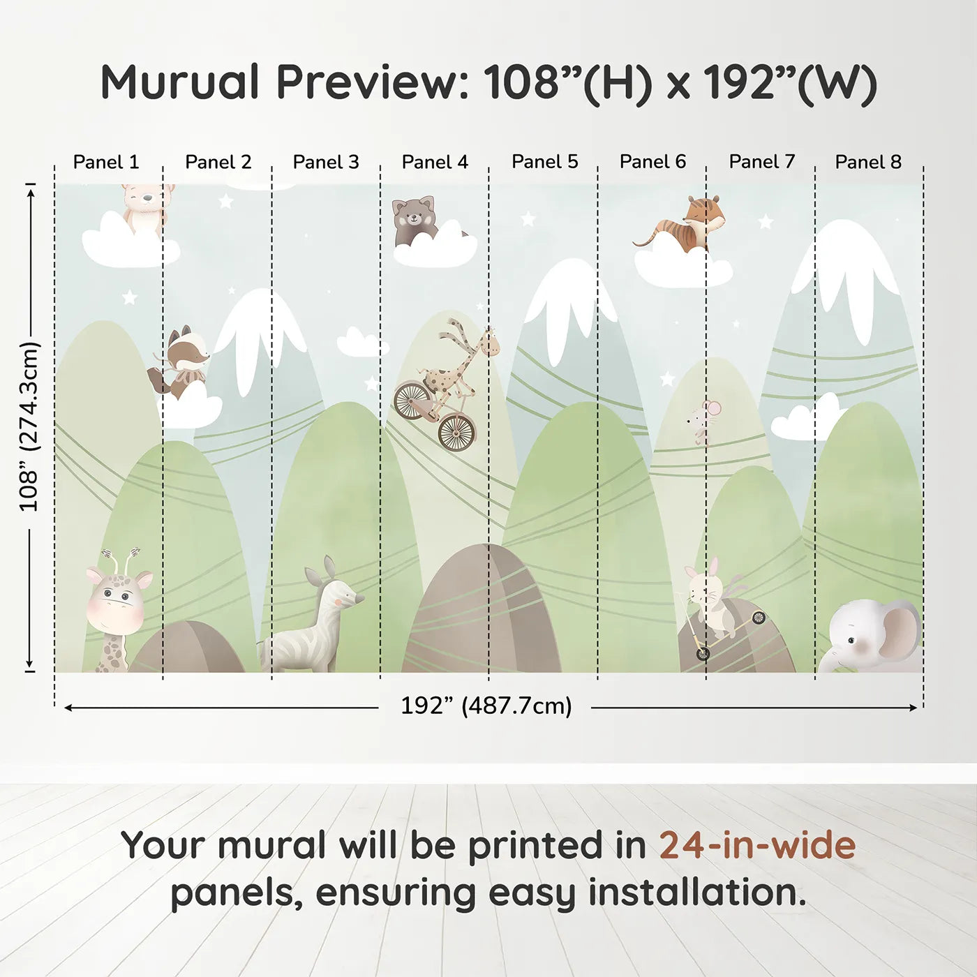 Whimsy Tots Mountain Adventure Club Wall Muraldimension view (108" H x 192" W). Printed in eight 24-inch-wide panels. Gender-Neutral