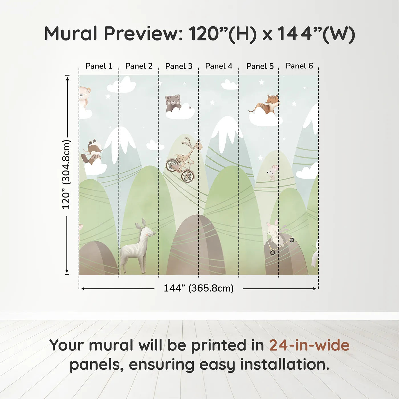 Whimsy Tots Mountain Adventure Club Wall Muraldimension view (120" H x 144" W). Printed in six 24-inch-wide panels. Gender-Neutral
