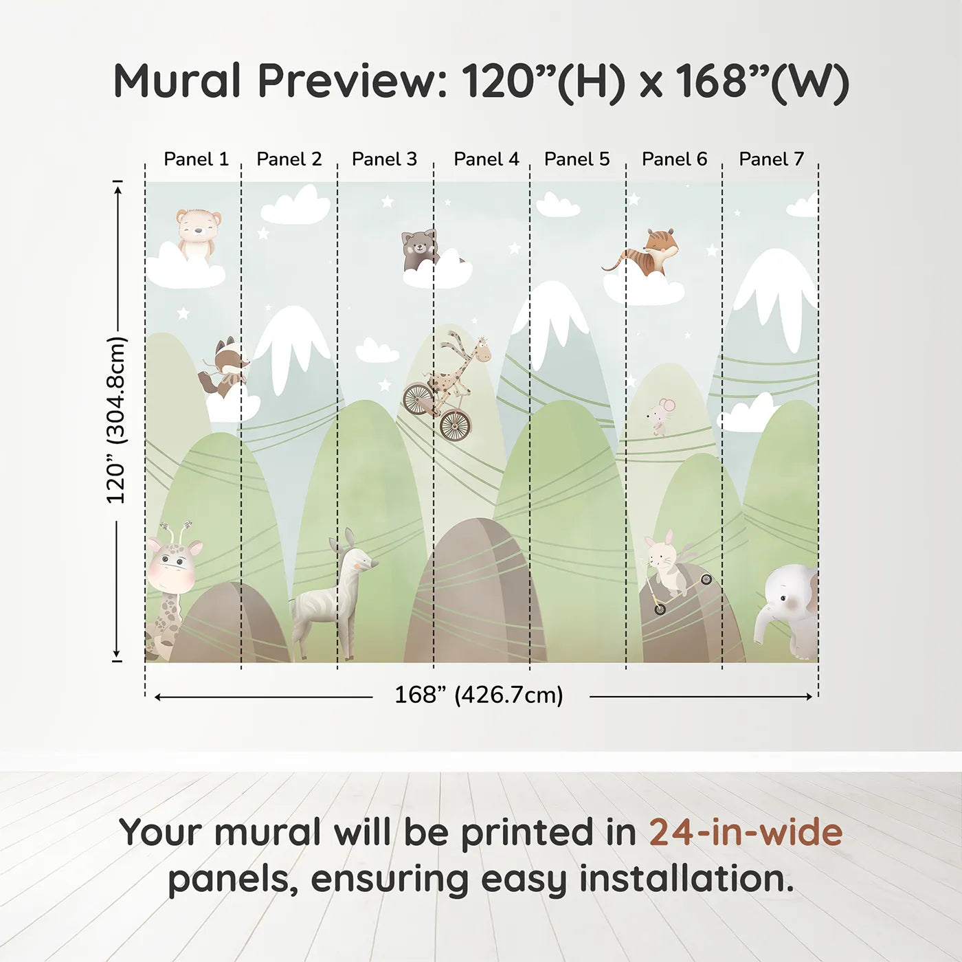 Whimsy Tots Mountain Adventure Club Wall Muraldimension view (120" H x 168" W). Printed in seven 24-inch-wide panels. Gender-Neutral