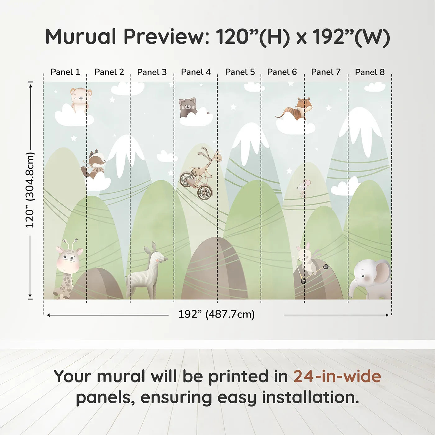Whimsy Tots Mountain Adventure Club Wall Muraldimension view (120" H x 192" W). Printed in eight 24-inch-wide panels. Gender-Neutral