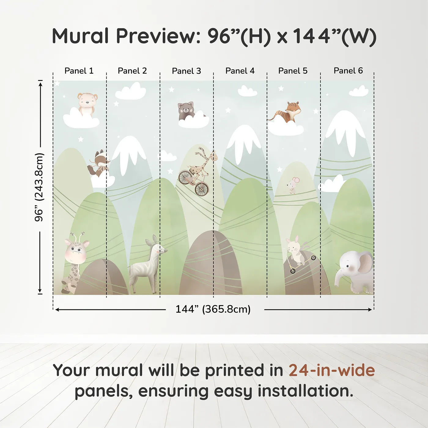 Whimsy Tots Mountain Adventure Club Wall Muraldimension view (96" H x 144" W). Printed in six 24-inch-wide panels. Gender-Neutral