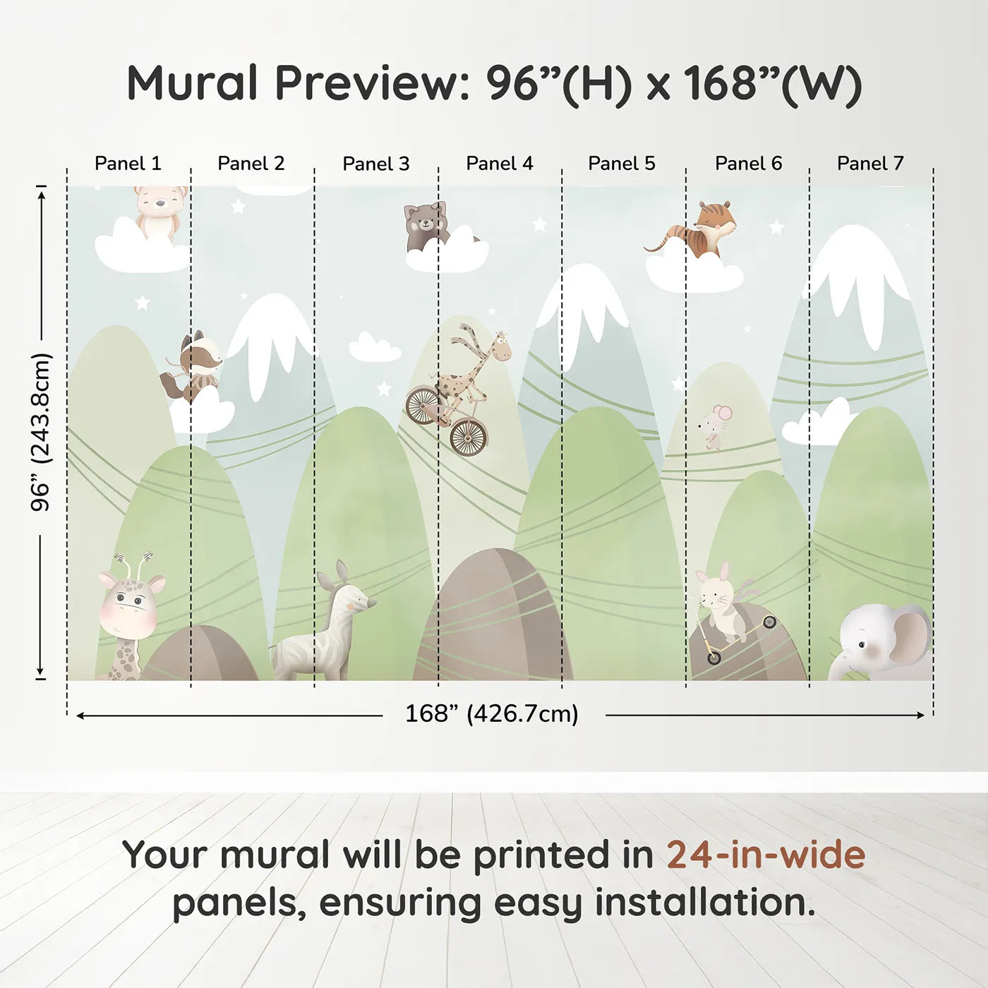 Whimsy Tots Mountain Adventure Club Wall Muraldimension view (96" H x 168" W). Printed in seven 24-inch-wide panels. Gender-Neutral