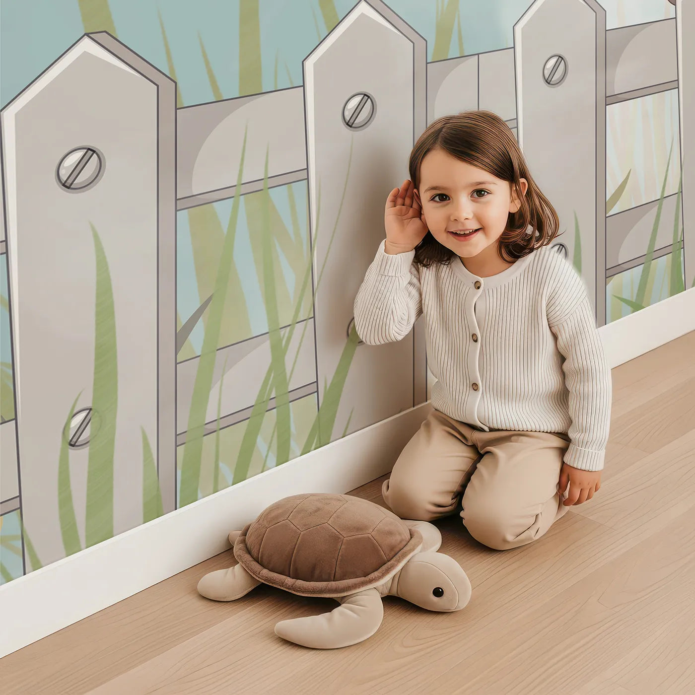 Child in front of Whimsy Tots Backyard Friends Wall Mural with animal, backyard, hammock, cute, fence, elephant, tiger, fox in design.