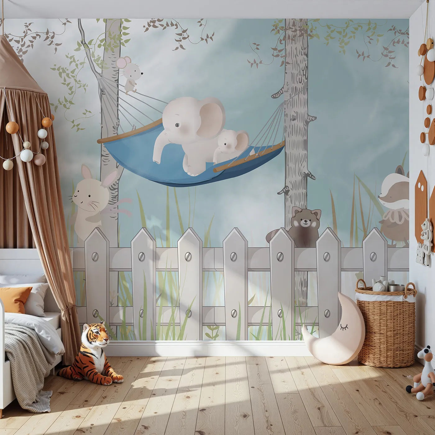 Front view of Whimsy Tots' Backyard Friends Wall Mural