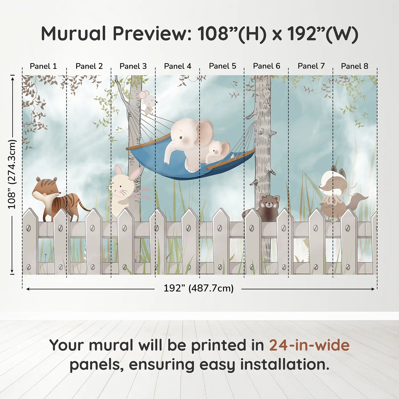 Whimsy Tots Backyard Friends Wall Muraldimension view (108" H x 192" W). Printed in eight 24-inch-wide panels. Gender-Neutral