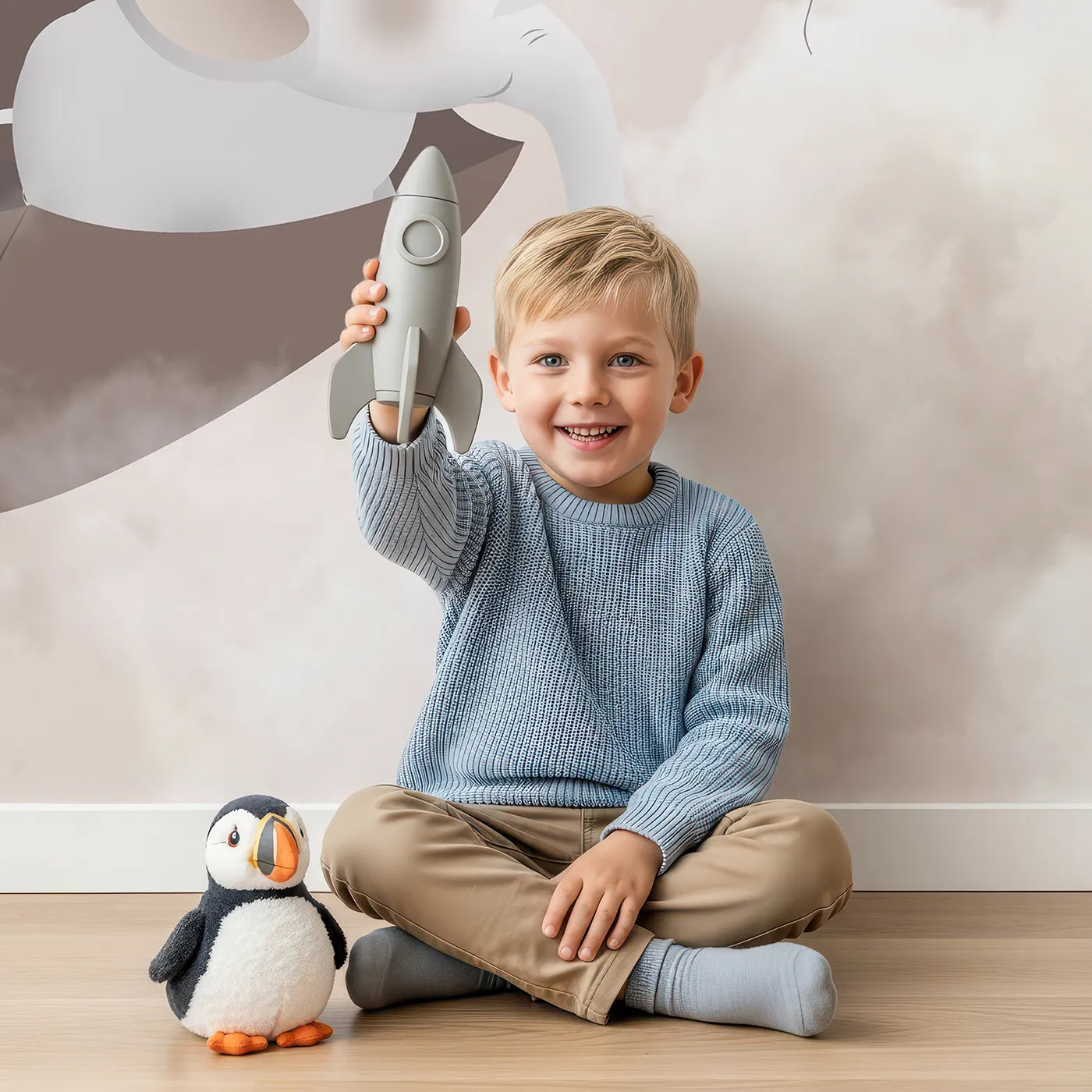 Child in front of Whimsy Tots Flying Umbrella Wall Mural with animal, umbrella, flying, cute, whimsical, safari, woodland, balloon in design.