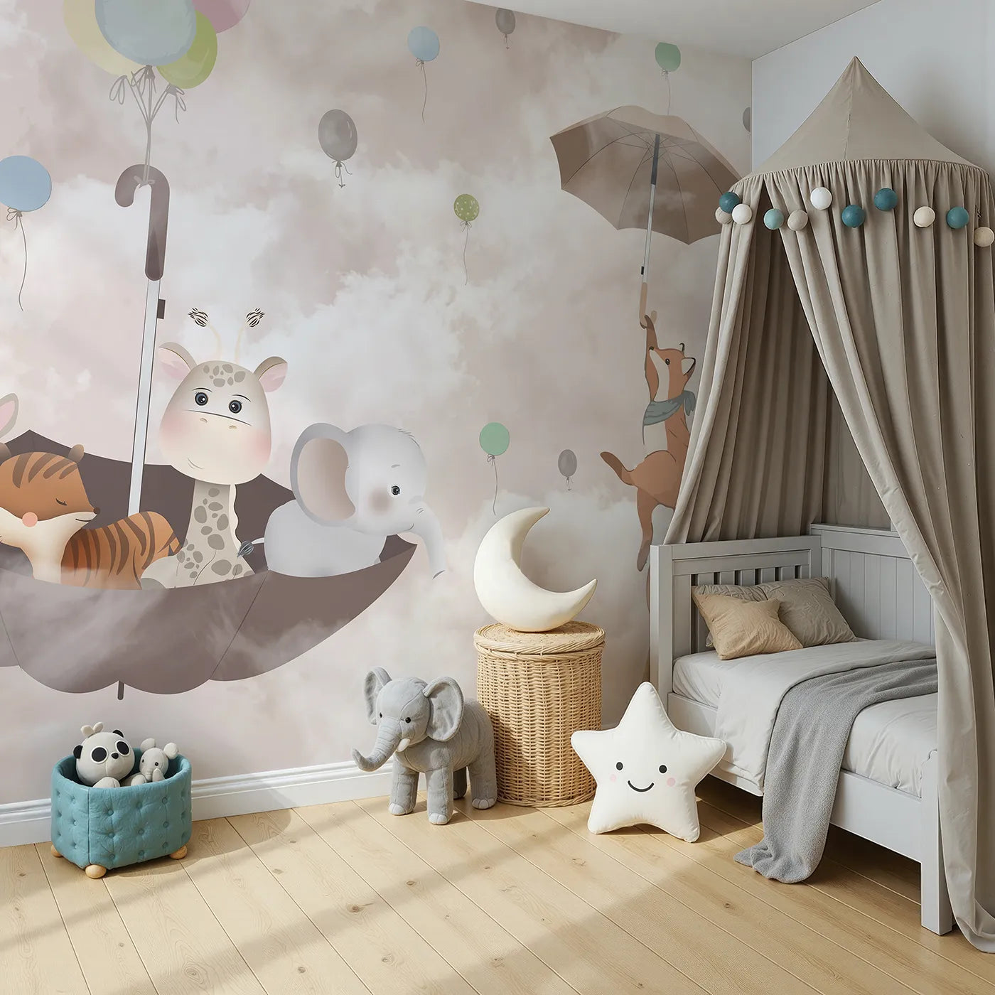 Angled view of Whimsy Tots' Flying Umbrella Wall Mural (Turn Their Room into a Whimsical, High-Flying Adventure).Gender-Neutral