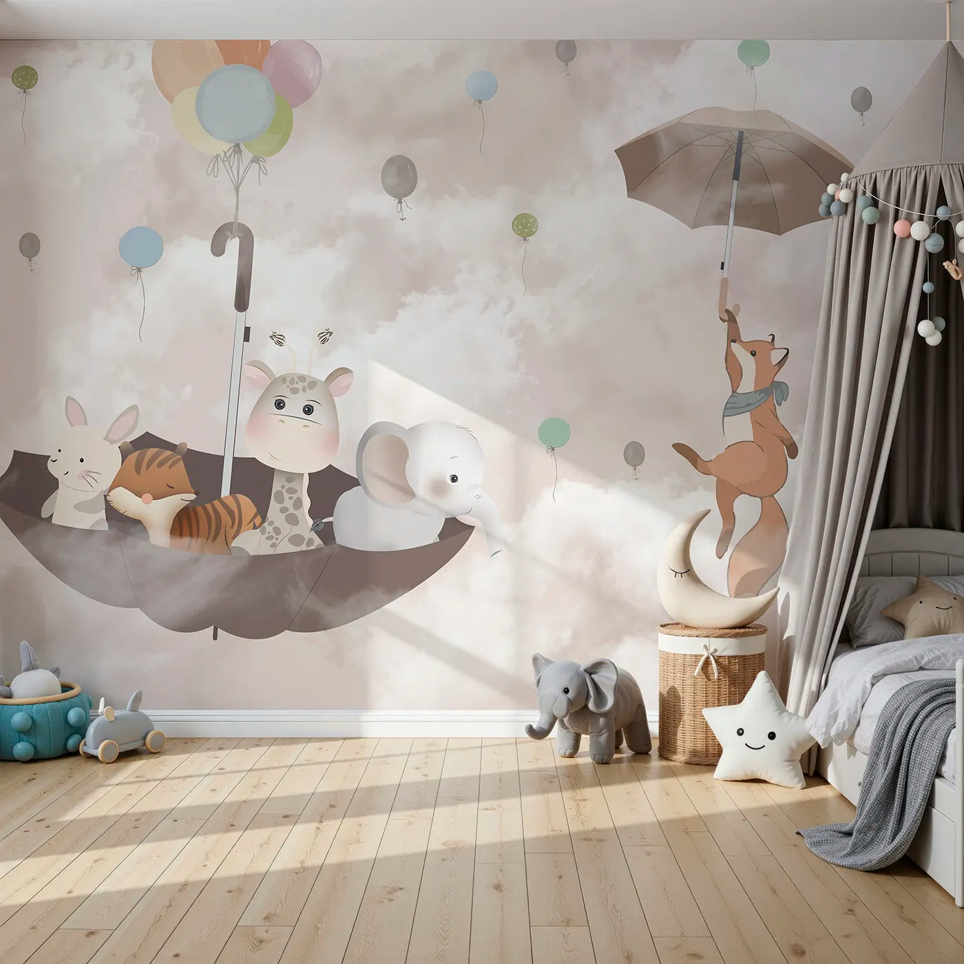 Front view of Whimsy Tots' Flying Umbrella Wall Mural