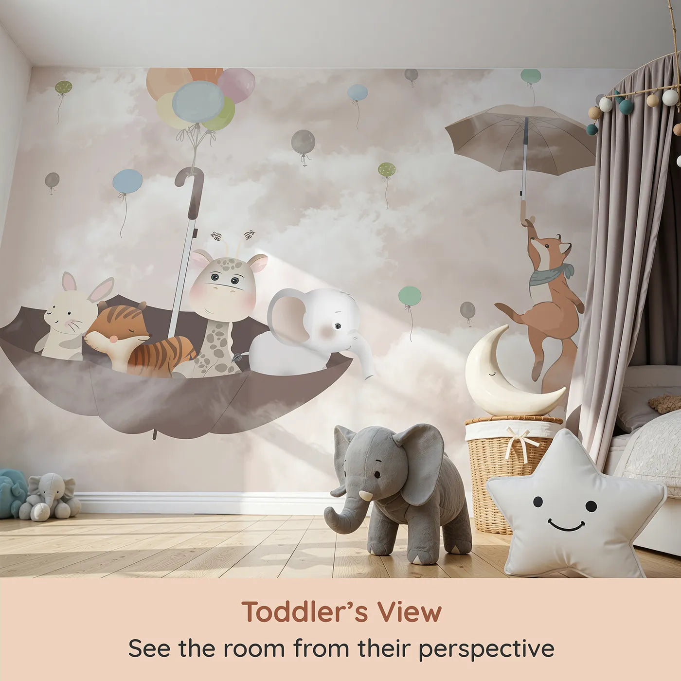 Whimsy Tots Flying Umbrella Wall Mural (Turn Their Room into a Whimsical, High-Flying Adventure) from your child's view.Gender-Neutral