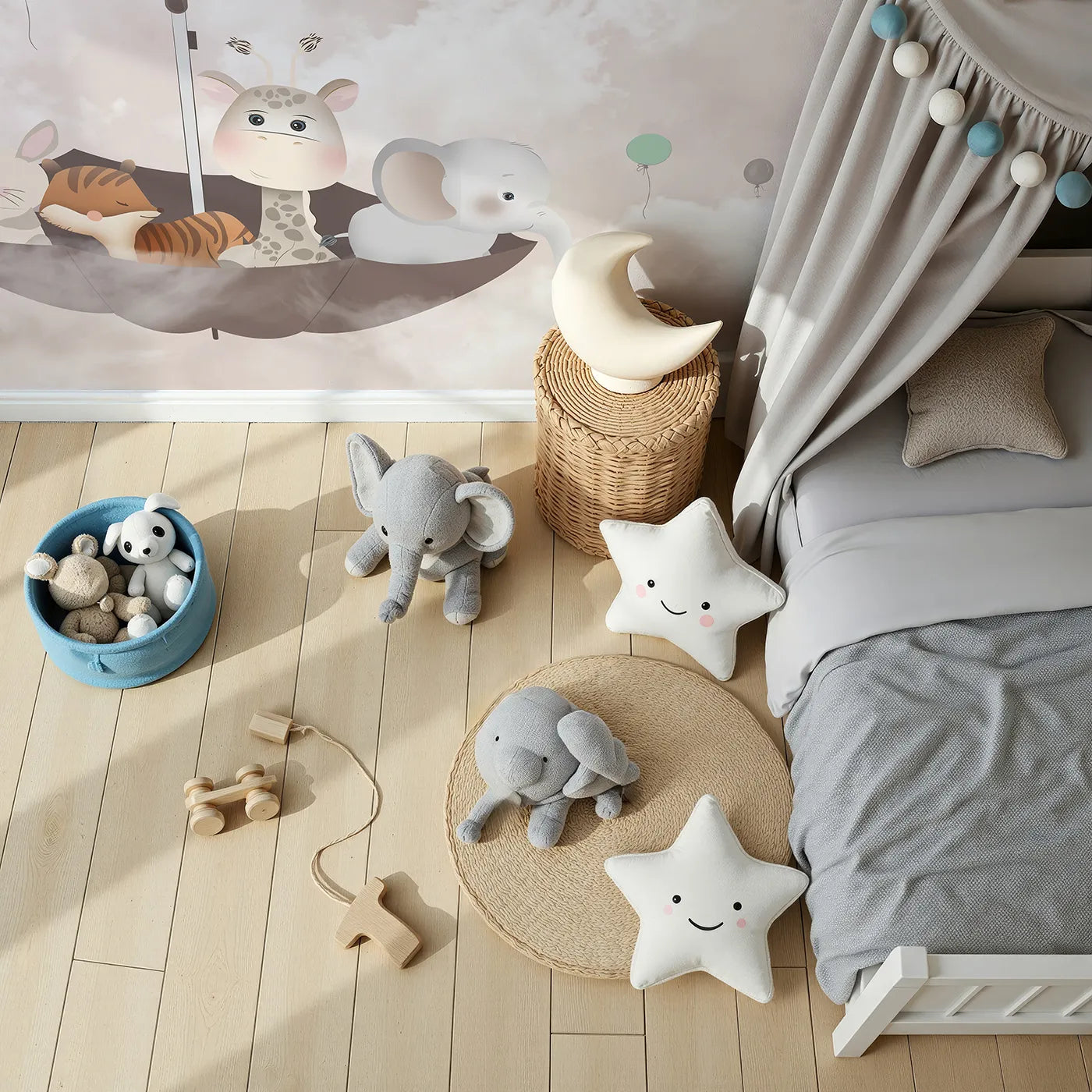 Top-down view of Whimsy Tots' Flying Umbrella Wall Mural (Turn Their Room into a Whimsical, High-Flying Adventure).Gender-Neutral
