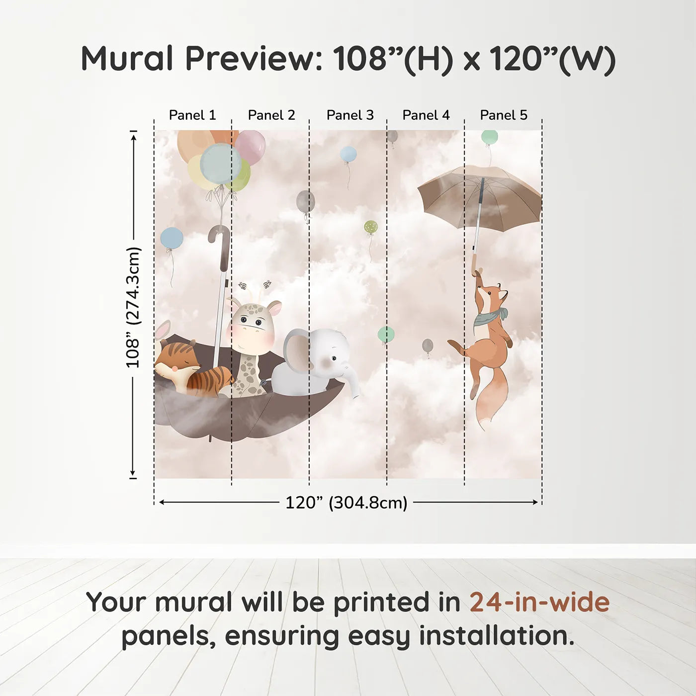 Whimsy Tots Flying Umbrella Wall Muraldimension view (108" H x 120" W). Printed in five 24-inch-wide panels. Gender-Neutral