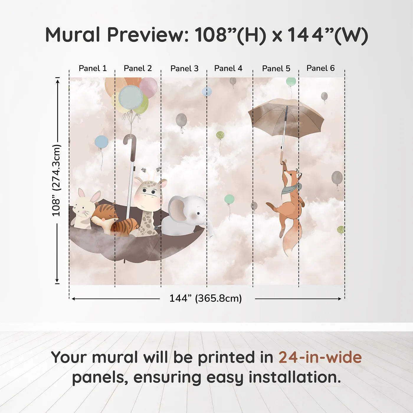 Whimsy Tots Flying Umbrella Wall Muraldimension view (108" H x 144" W). Printed in six 24-inch-wide panels. Gender-Neutral