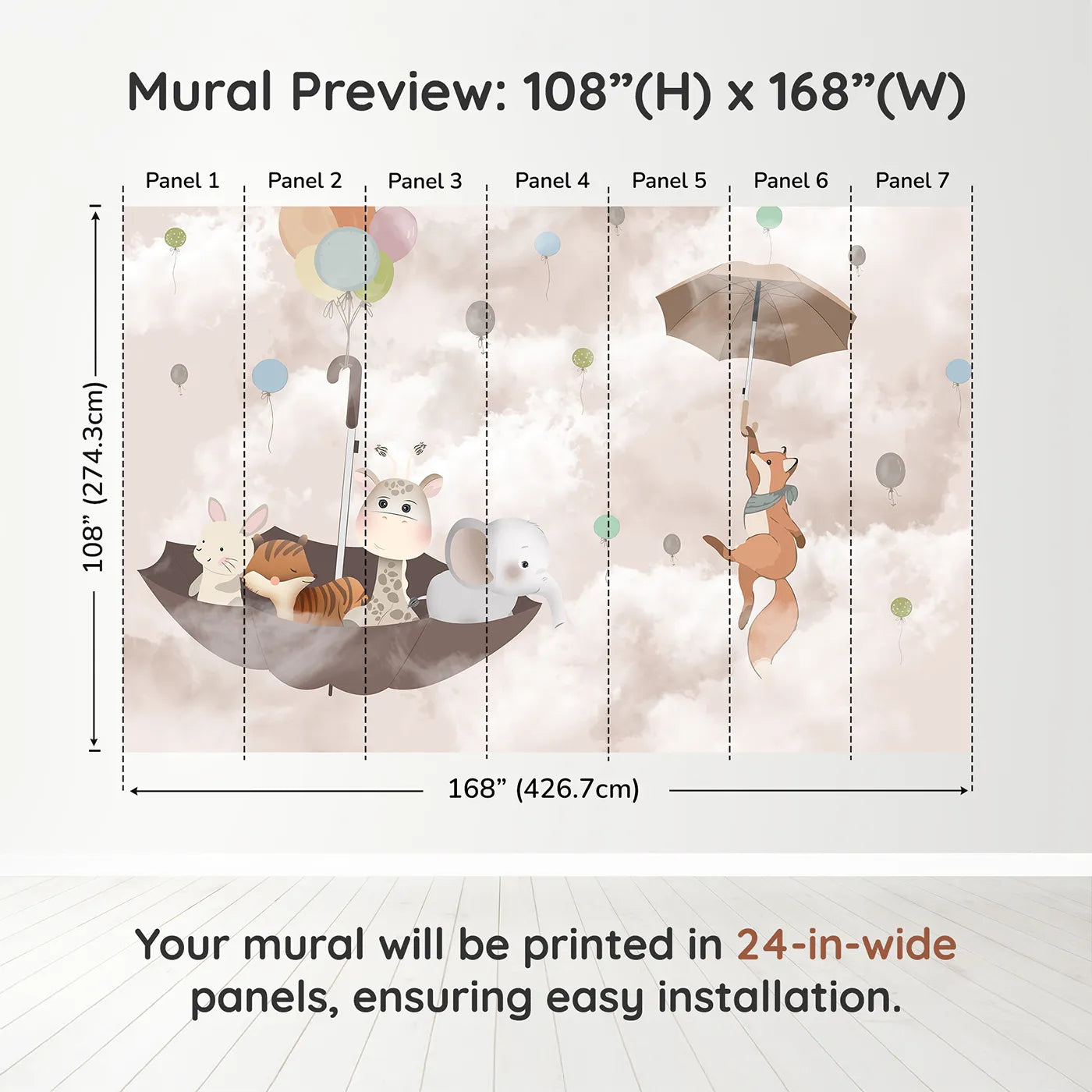 Whimsy Tots Flying Umbrella Wall Muraldimension view (108" H x 168" W). Printed in seven 24-inch-wide panels. Gender-Neutral