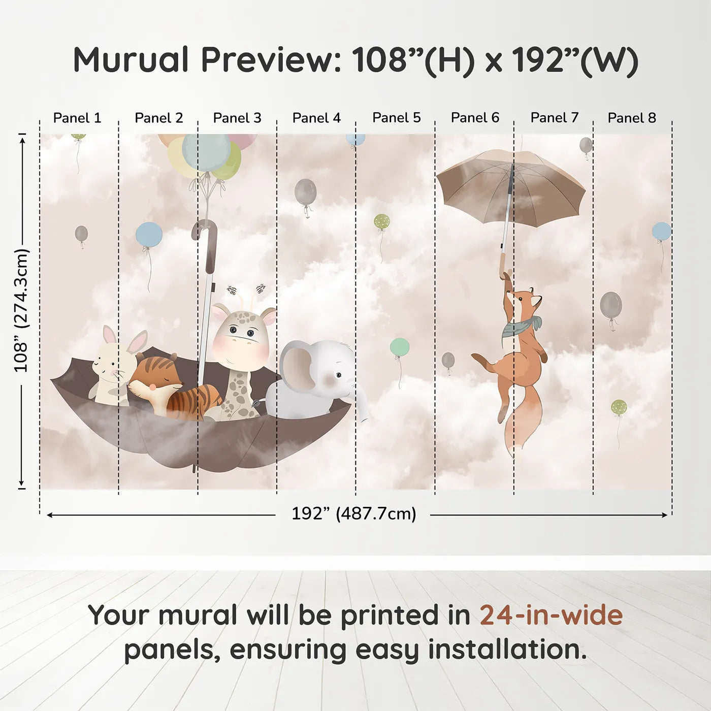 Whimsy Tots Flying Umbrella Wall Muraldimension view (108" H x 192" W). Printed in eight 24-inch-wide panels. Gender-Neutral