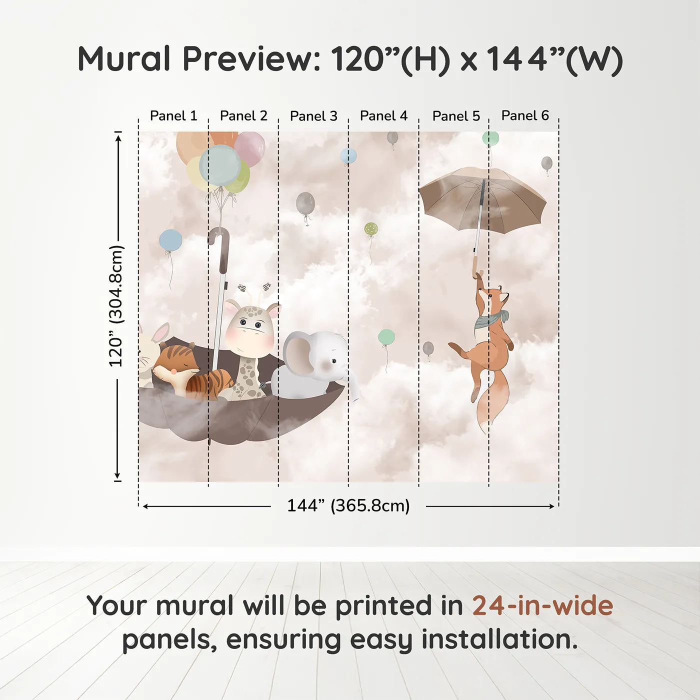 Whimsy Tots Flying Umbrella Wall Muraldimension view (120" H x 144" W). Printed in six 24-inch-wide panels. Gender-Neutral